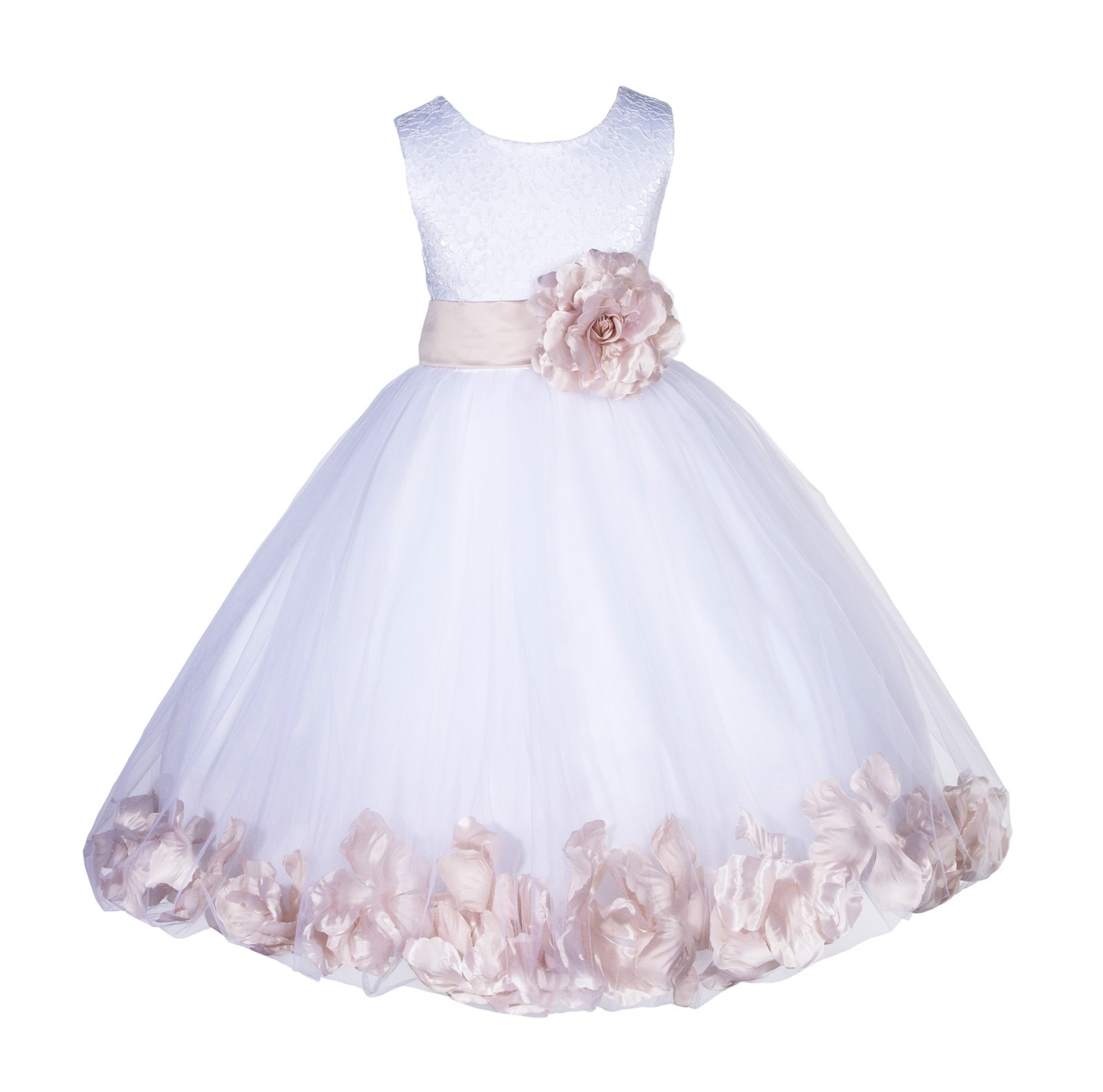 White/Blush pink Lace Top Tulle Floral Petals Flower Girl Dress 165S