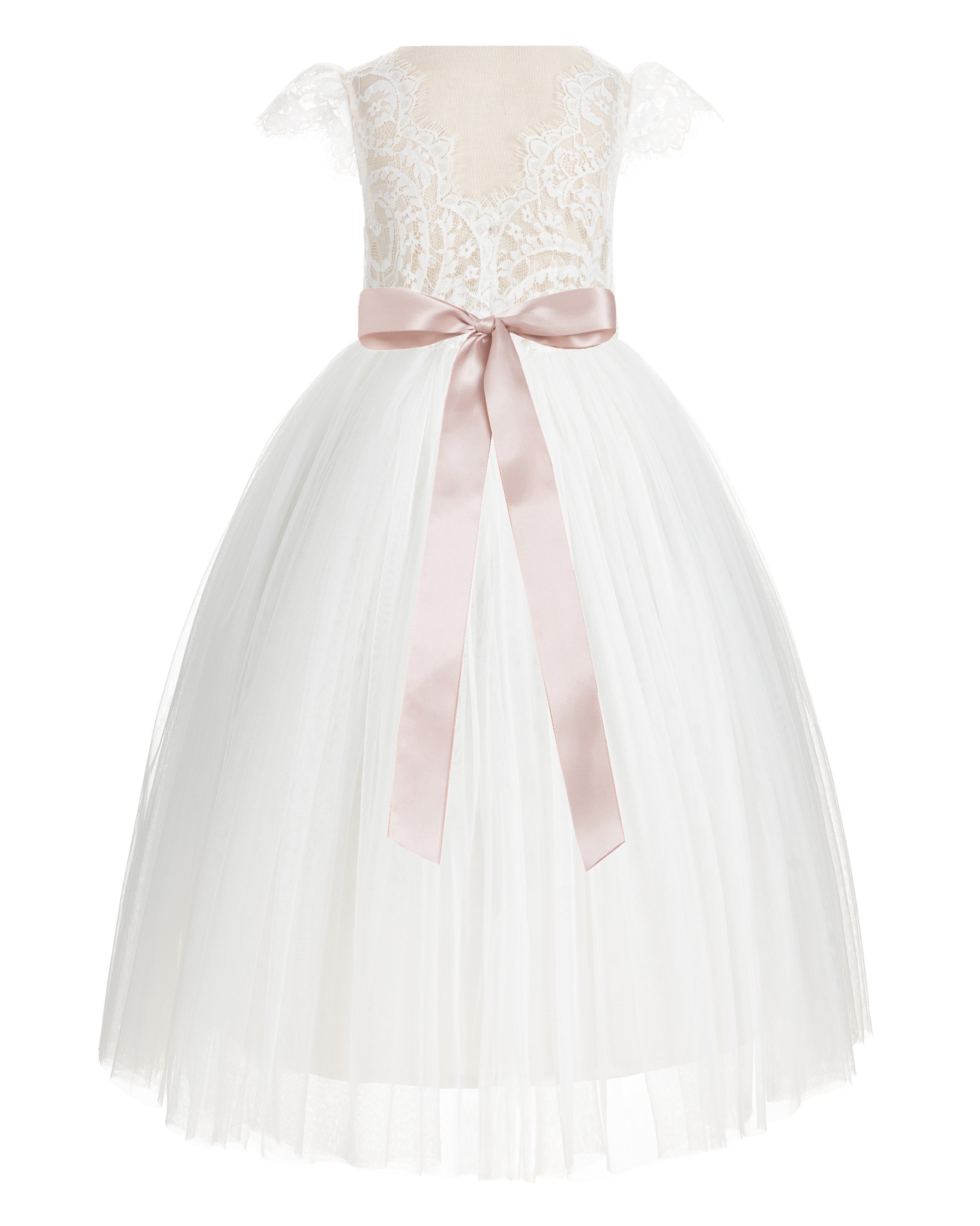 Ivory / Blush Pink Cap Sleeves Lace Flower Girl Dress V-Back Lace Dress 622R3