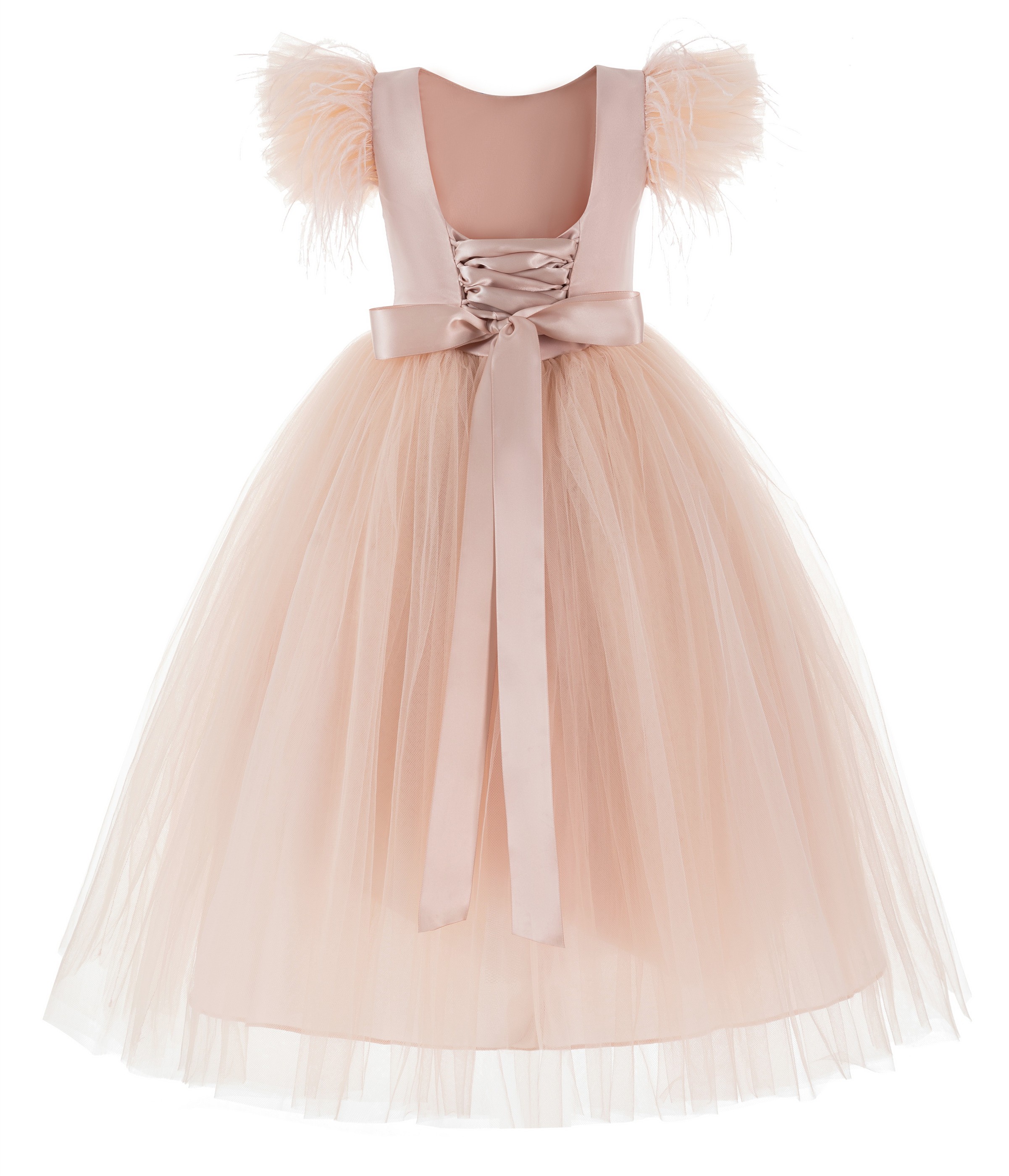 Blush Pink Vintage Corset Feather Flower Girl Dress Feather Dresses OS1