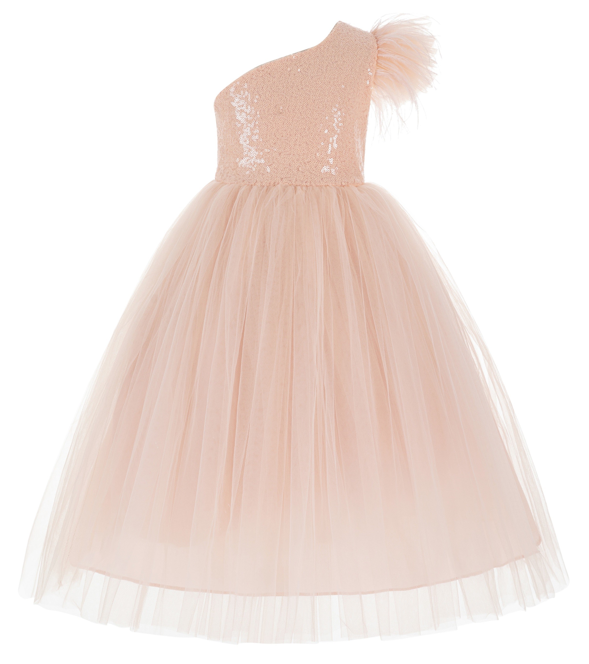 Blush Pink One Shoulder Flower Girl Dress Feather Dresses OS2