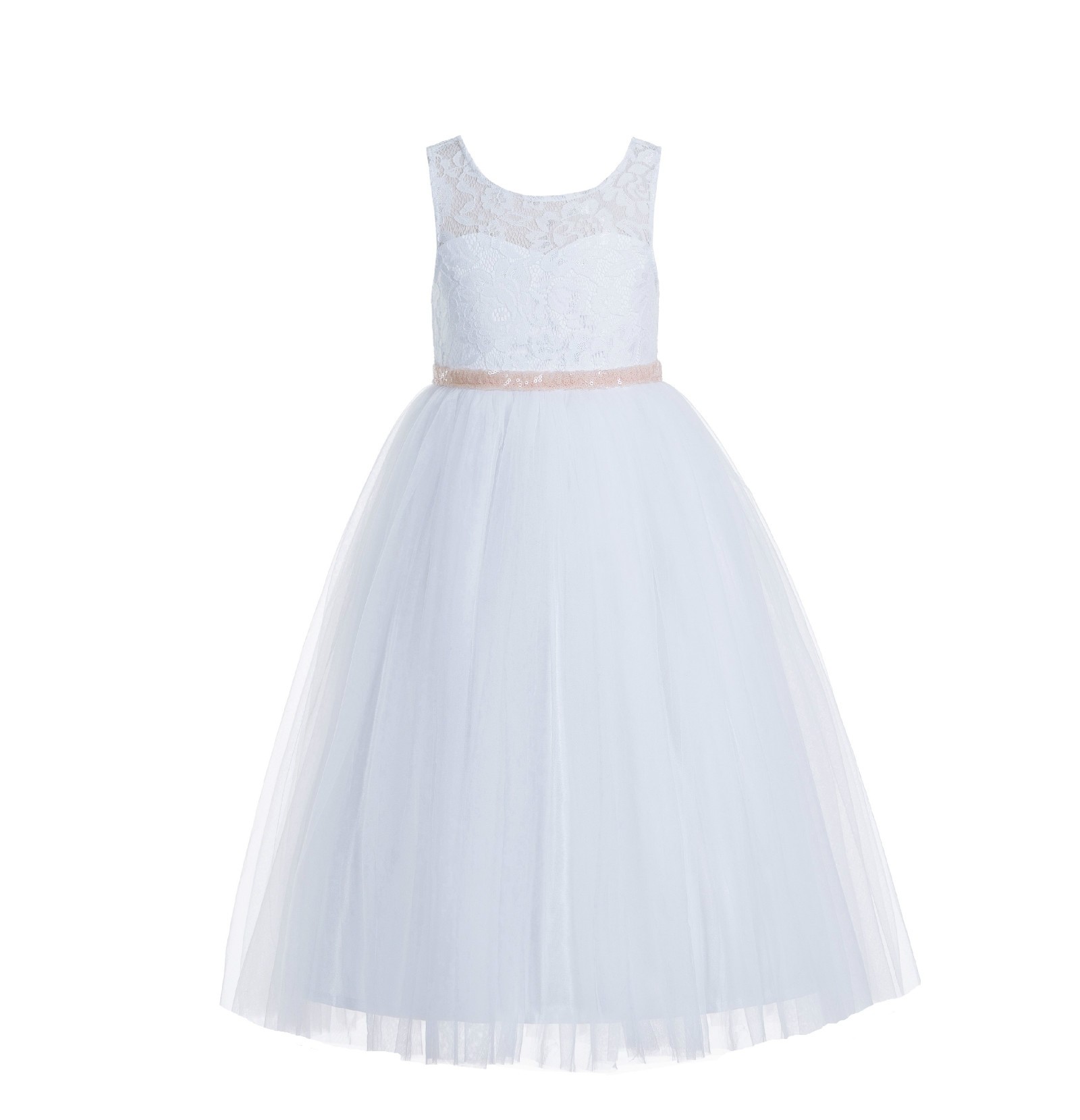 White / Blush Pink Lace Tulle Scoop Neck Keyhole Back A-Line Flower Girl Dress 178