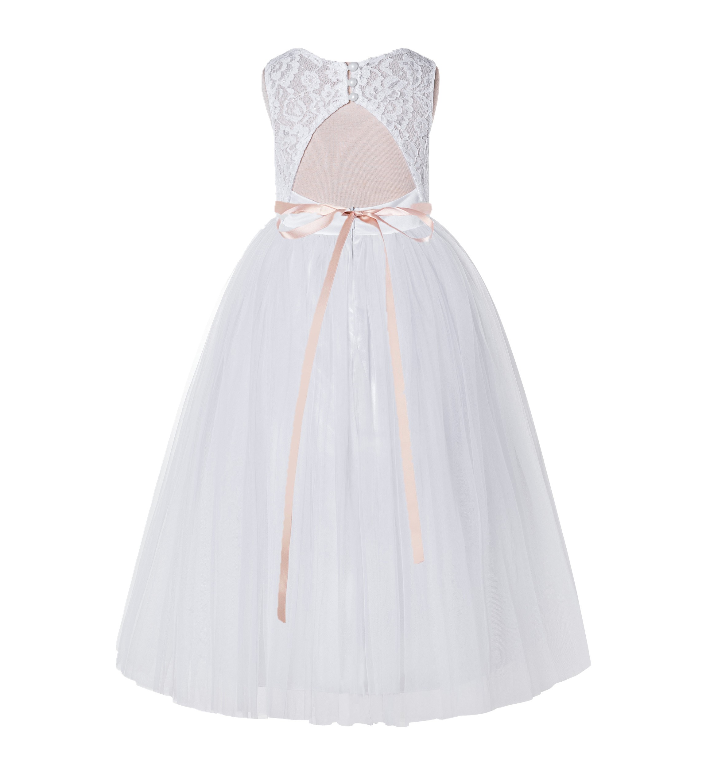 White / Blush Pink A-Line Tulle Lace Flower Girl Dress 178R4