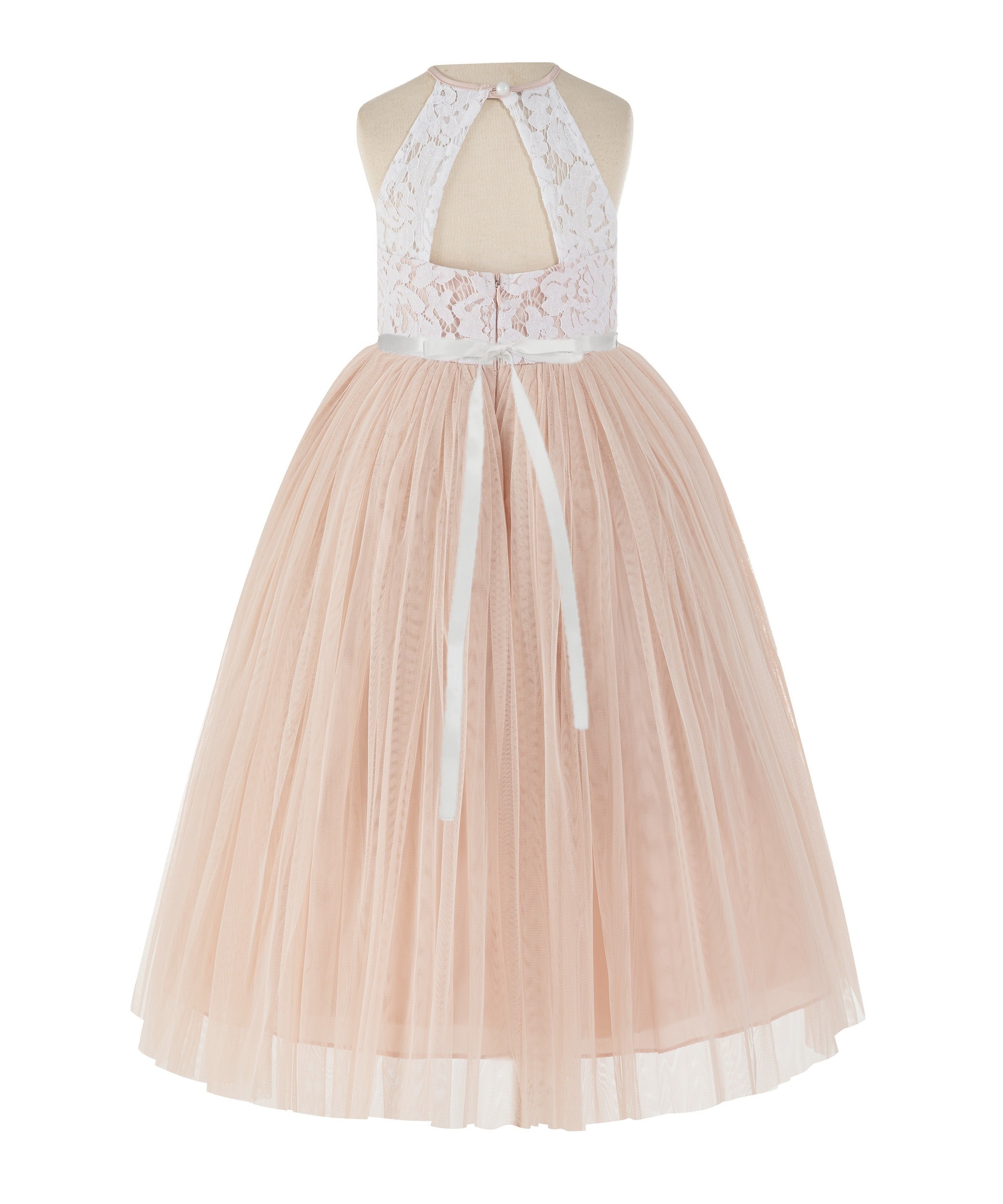 Blush Pink / White Lace Halter Flower Girl Dress Lace Back Dress 213