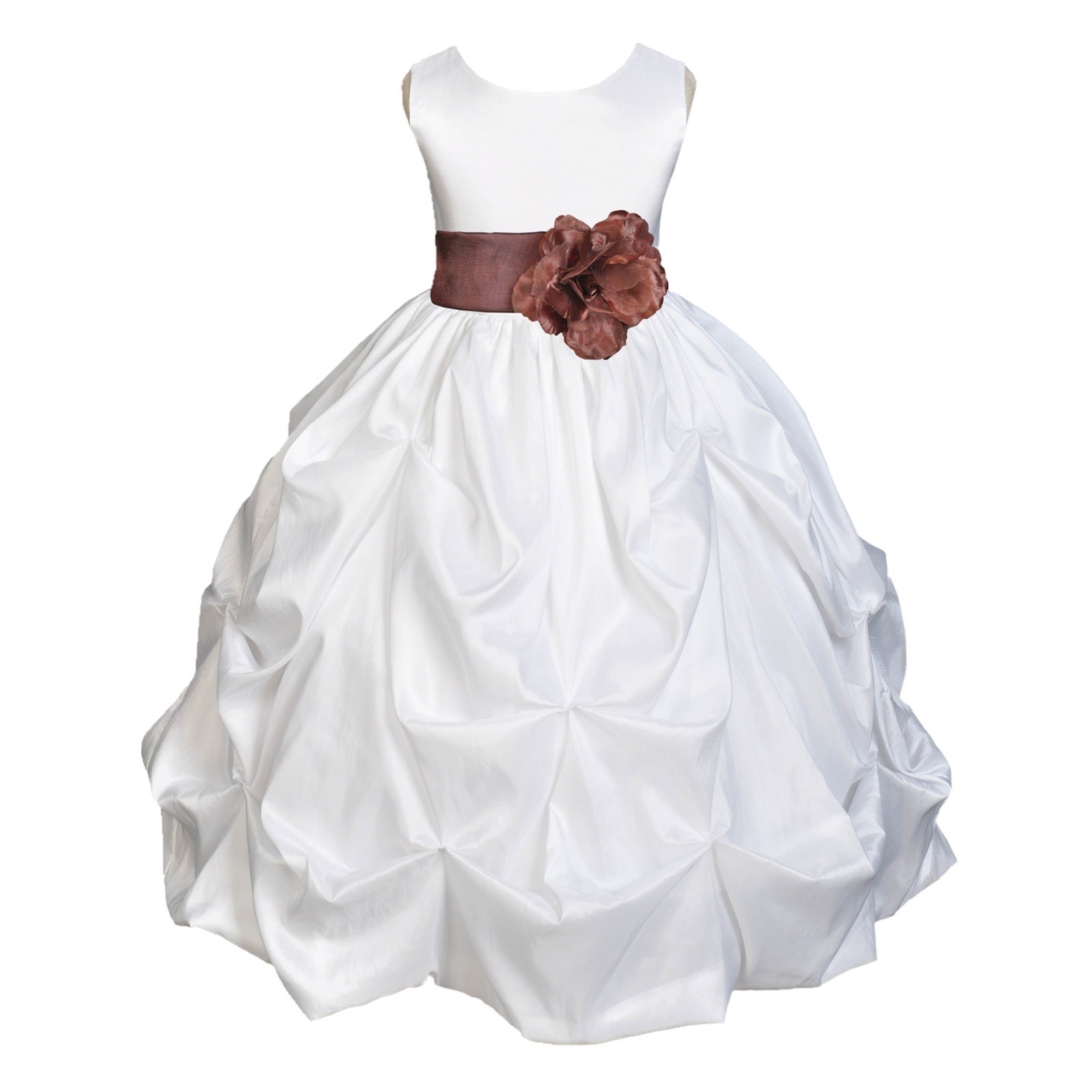 White/Brown Satin Taffeta Pick-Up Bubble Flower Girl Dress 301S