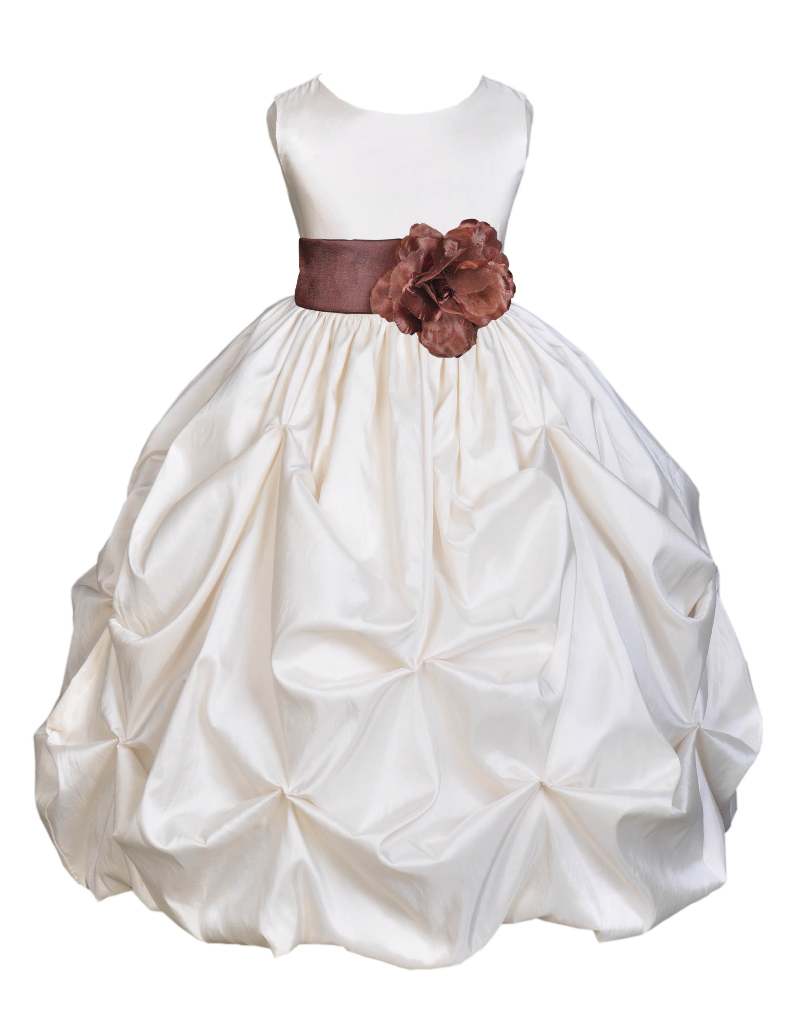 Ivory/Brown Satin Taffeta Pick-Up Bubble Flower Girl Dress 301S