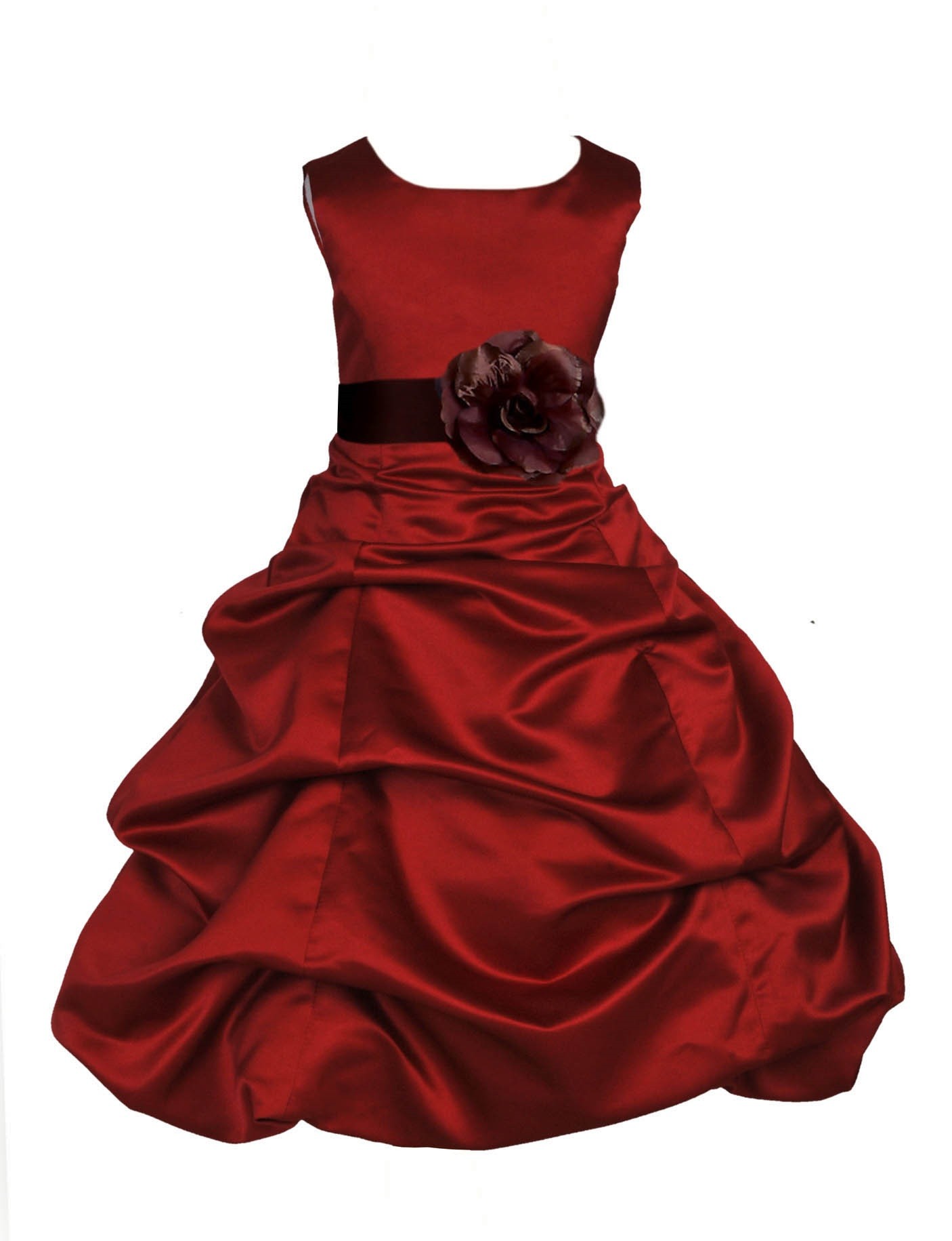 Apple Red/Brown Satin Pick-Up Bubble Flower Girl Dress 808T
