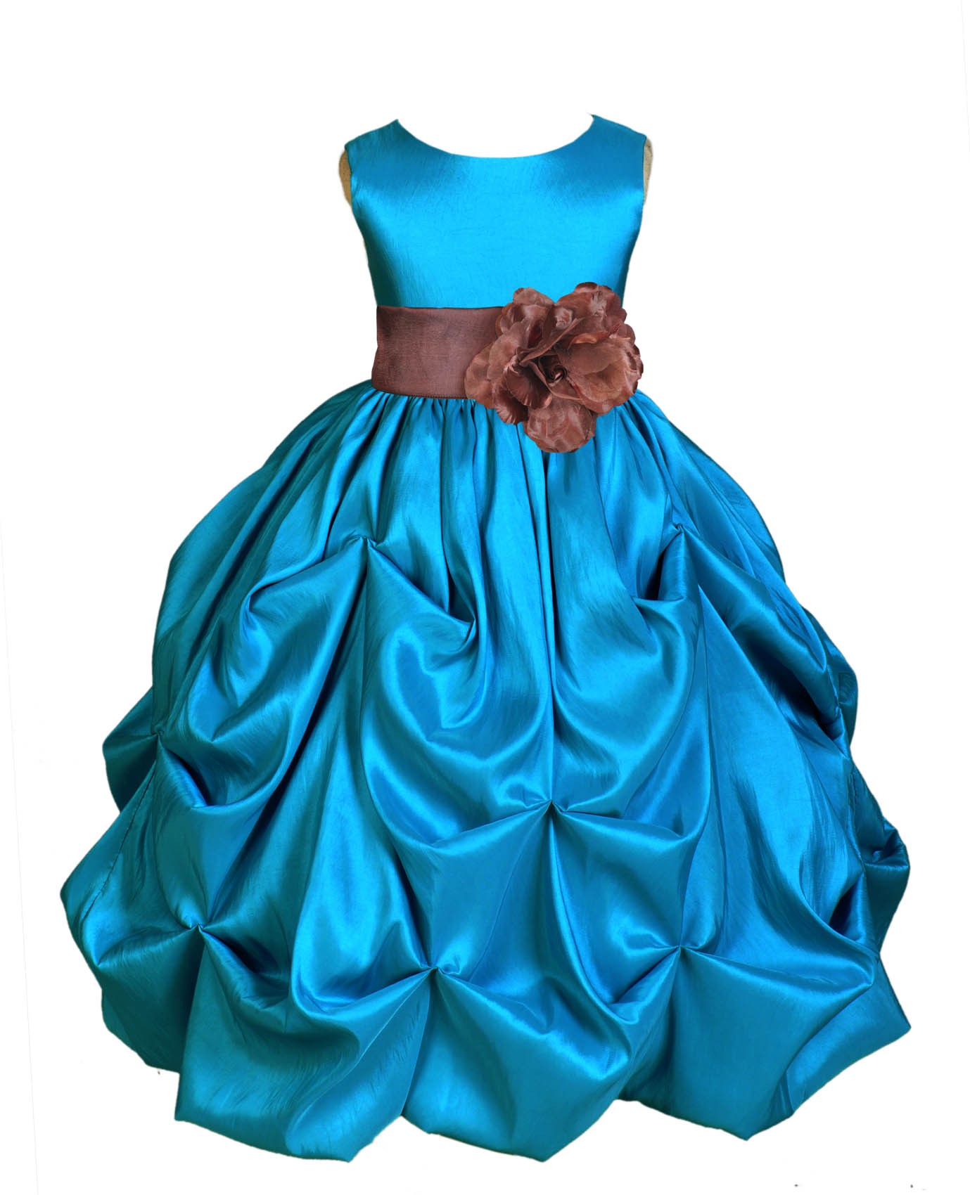 Turquoise/Brown Satin Taffeta Pick-Up Bubble Flower Girl Dress 301S