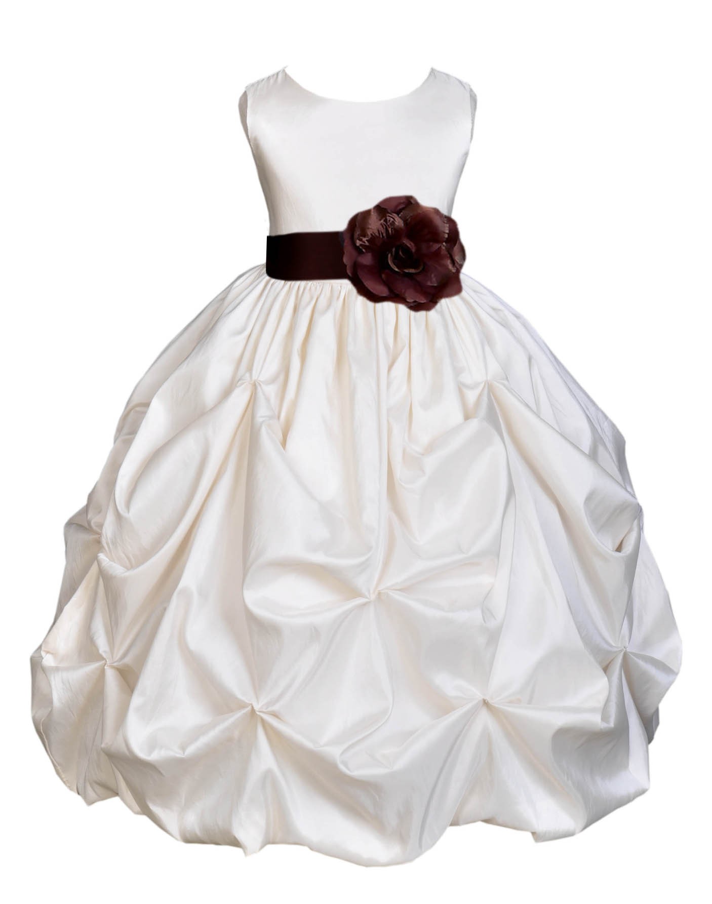 Ivory/Brown Satin Taffeta Pick-Up Bubble Flower Girl Dress 301T