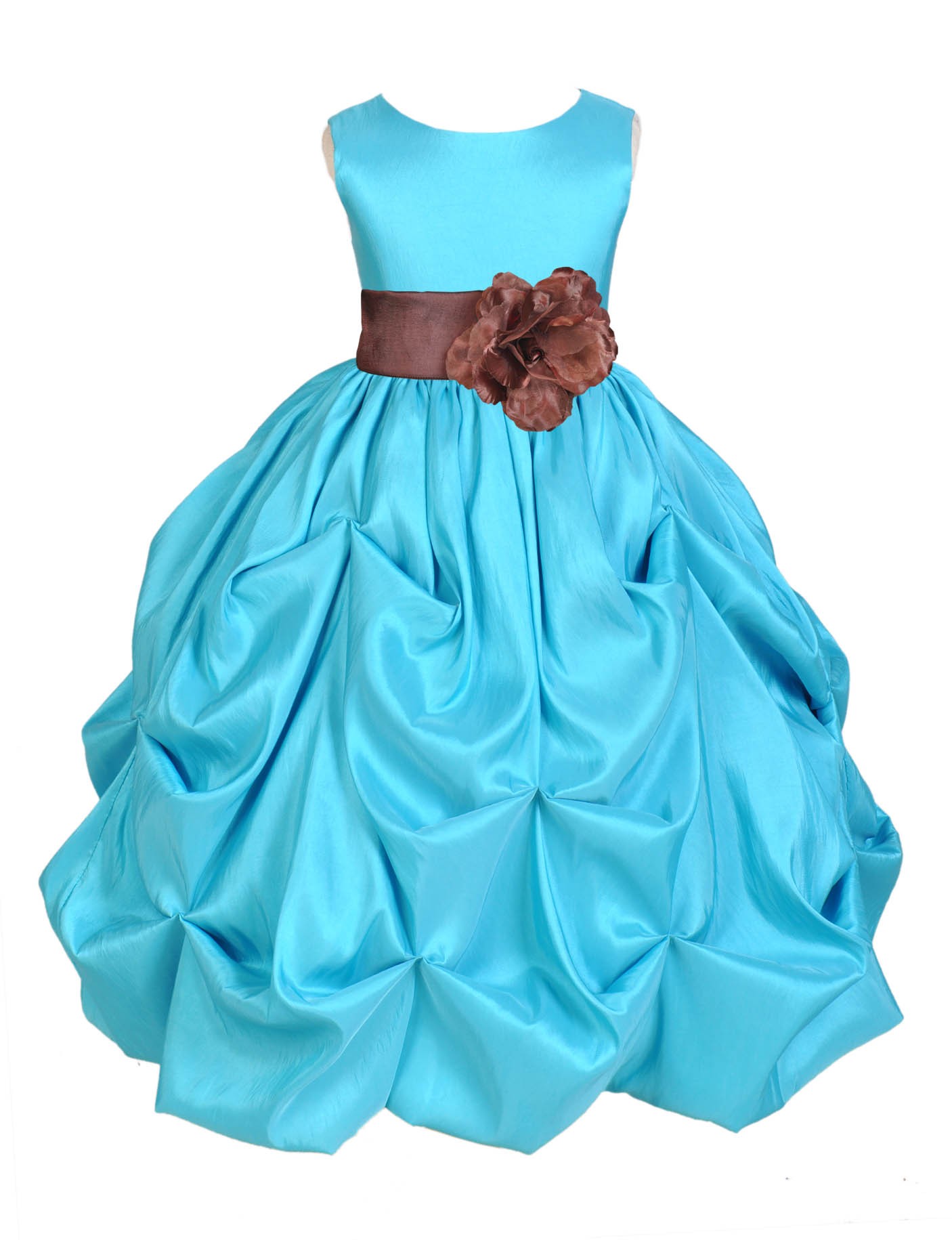 Pool Blue/Brown Satin Taffeta Pick-Up Bubble Flower Girl Dress 301S