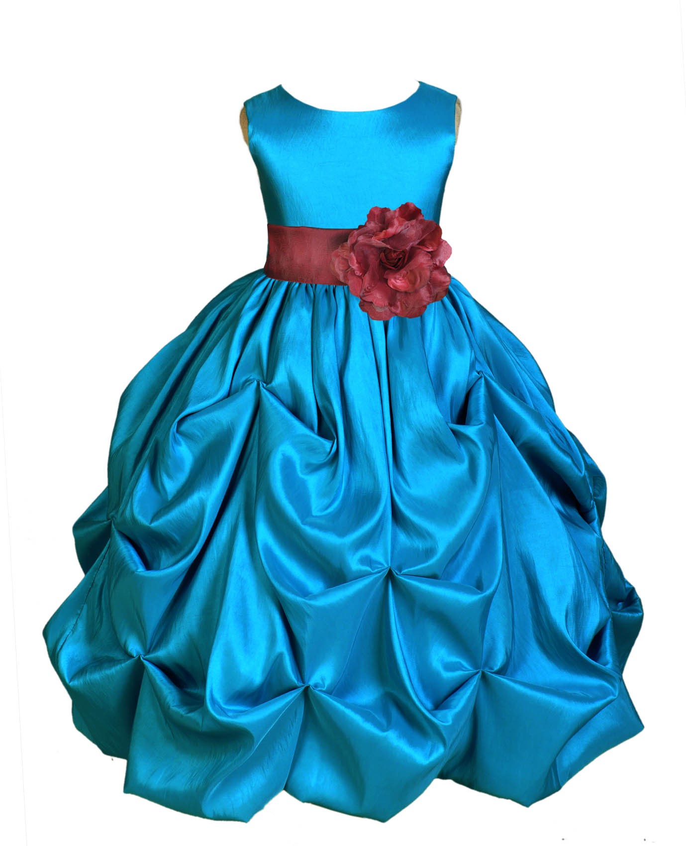 Turquoise/Burgundy Satin Taffeta Pick-Up Bubble Flower Girl Dress 301S