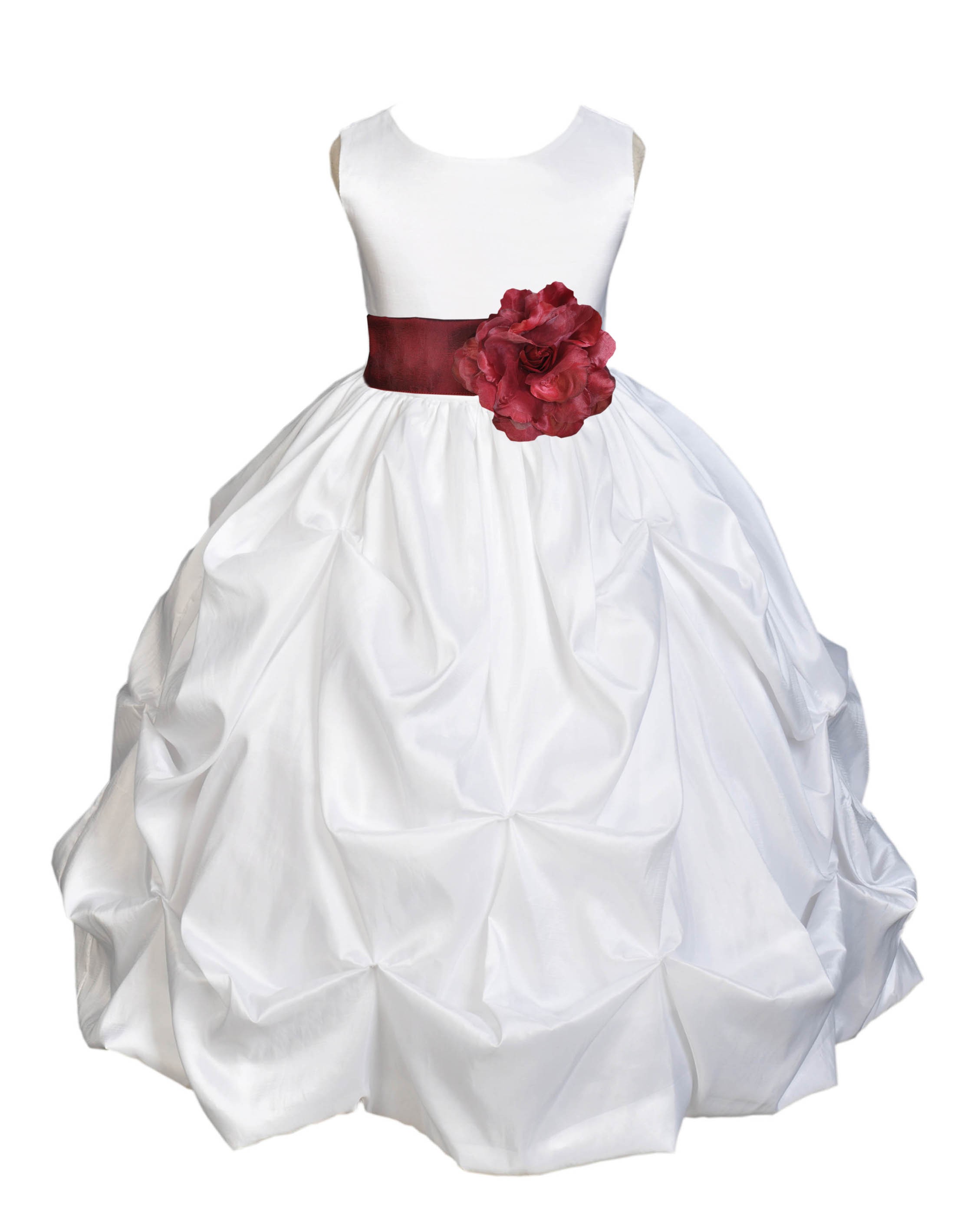 White/Burgundy Satin Taffeta Pick-Up Bubble Flower Girl Dress 301S