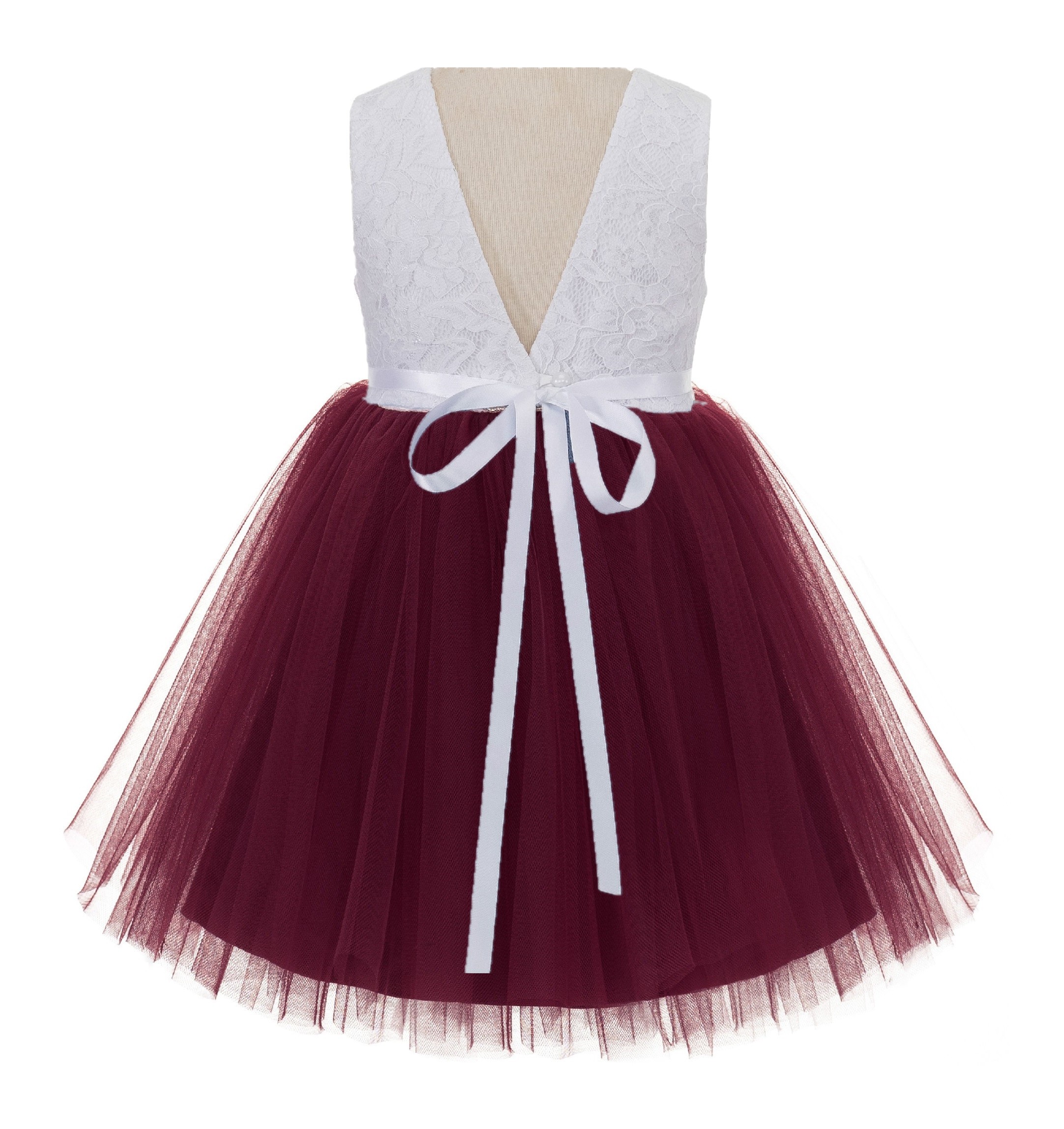 Burgundy / White Backless Lace Flower Girl Dress Rhinestone 206R4