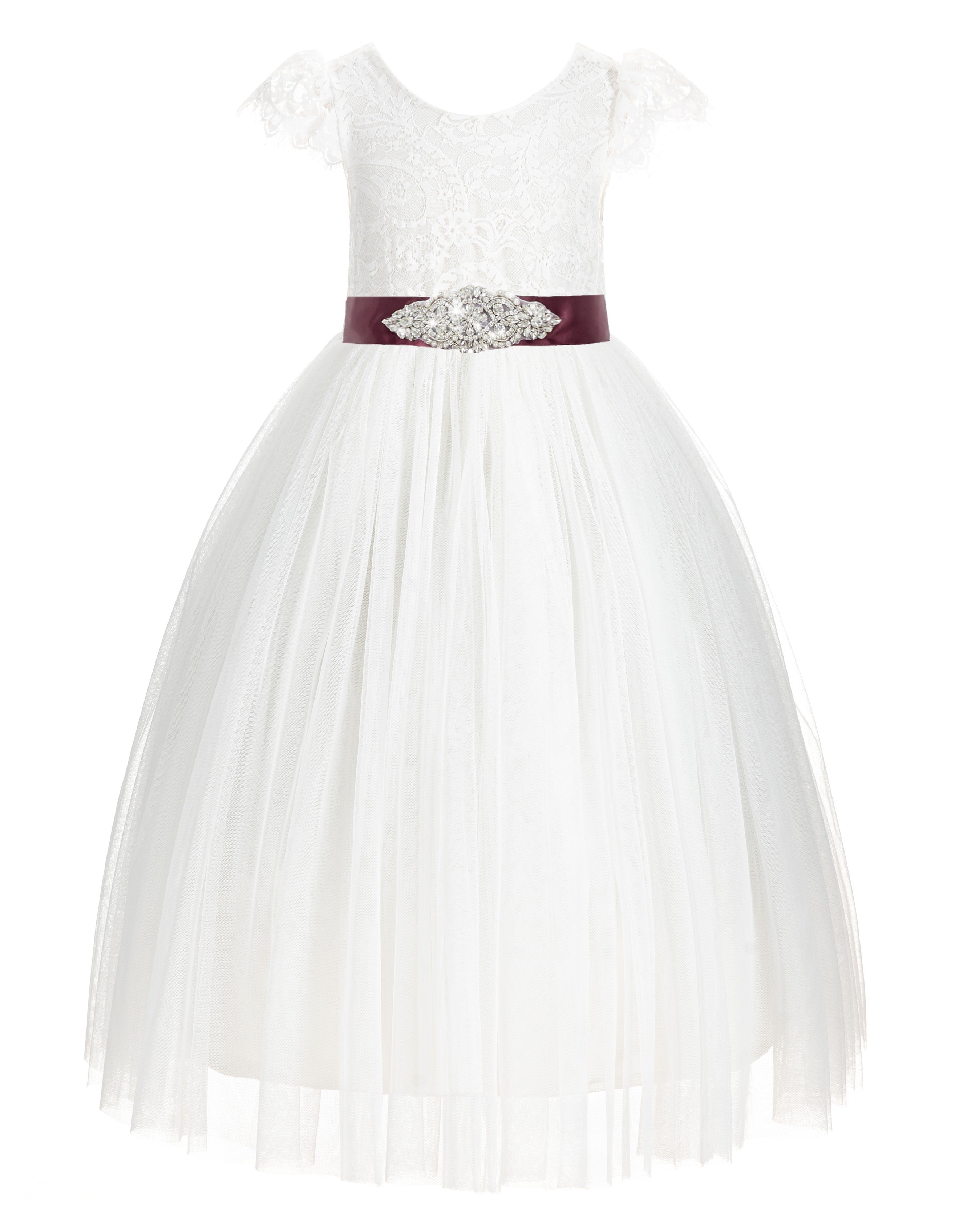 Ivory / Burgundy Cap Sleeves Lace Flower Girl Dress V-Back Lace Dress 622R3