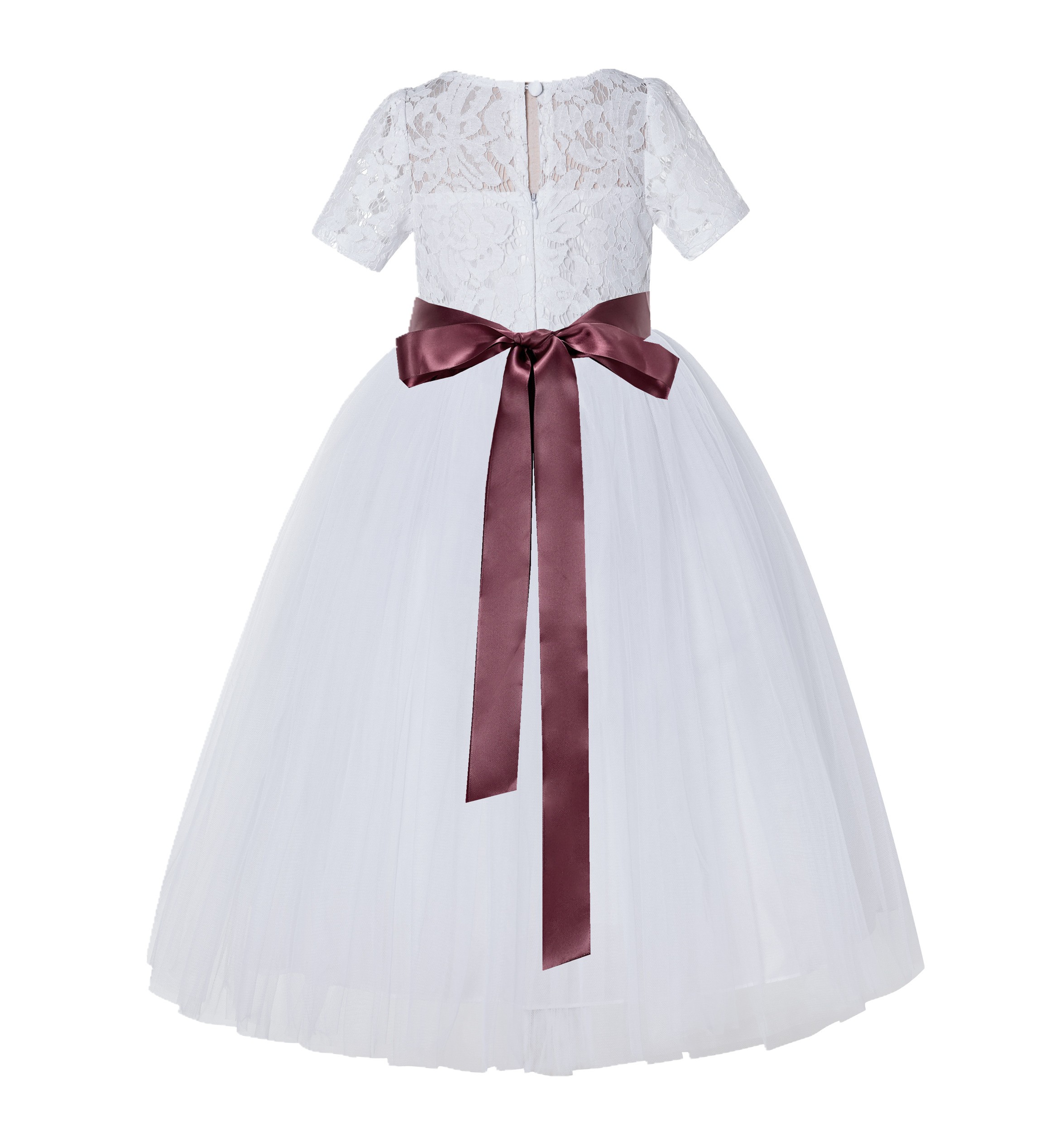 White / Burgundy Floral Lace Flower Girl Dress Pageant Dress LG2