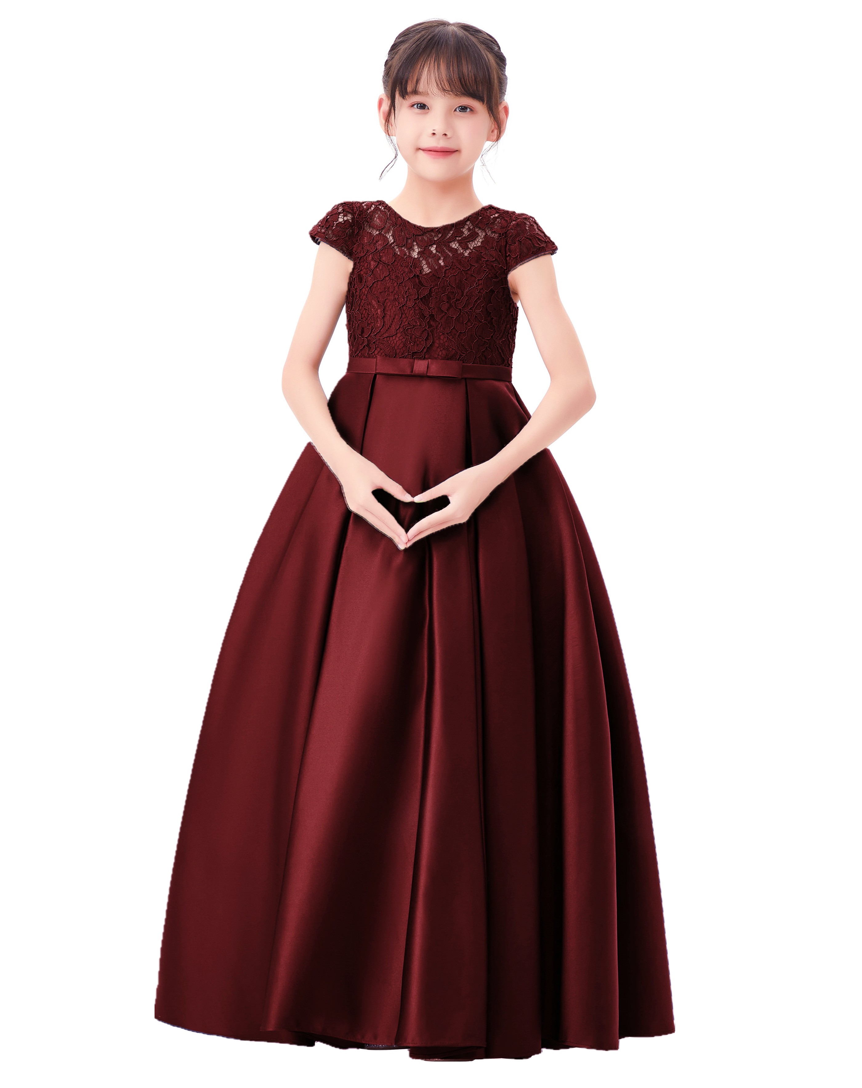 Burgundy Lace Flower Girl Dress Illusion Lace Dress Cap Sleeves L246
