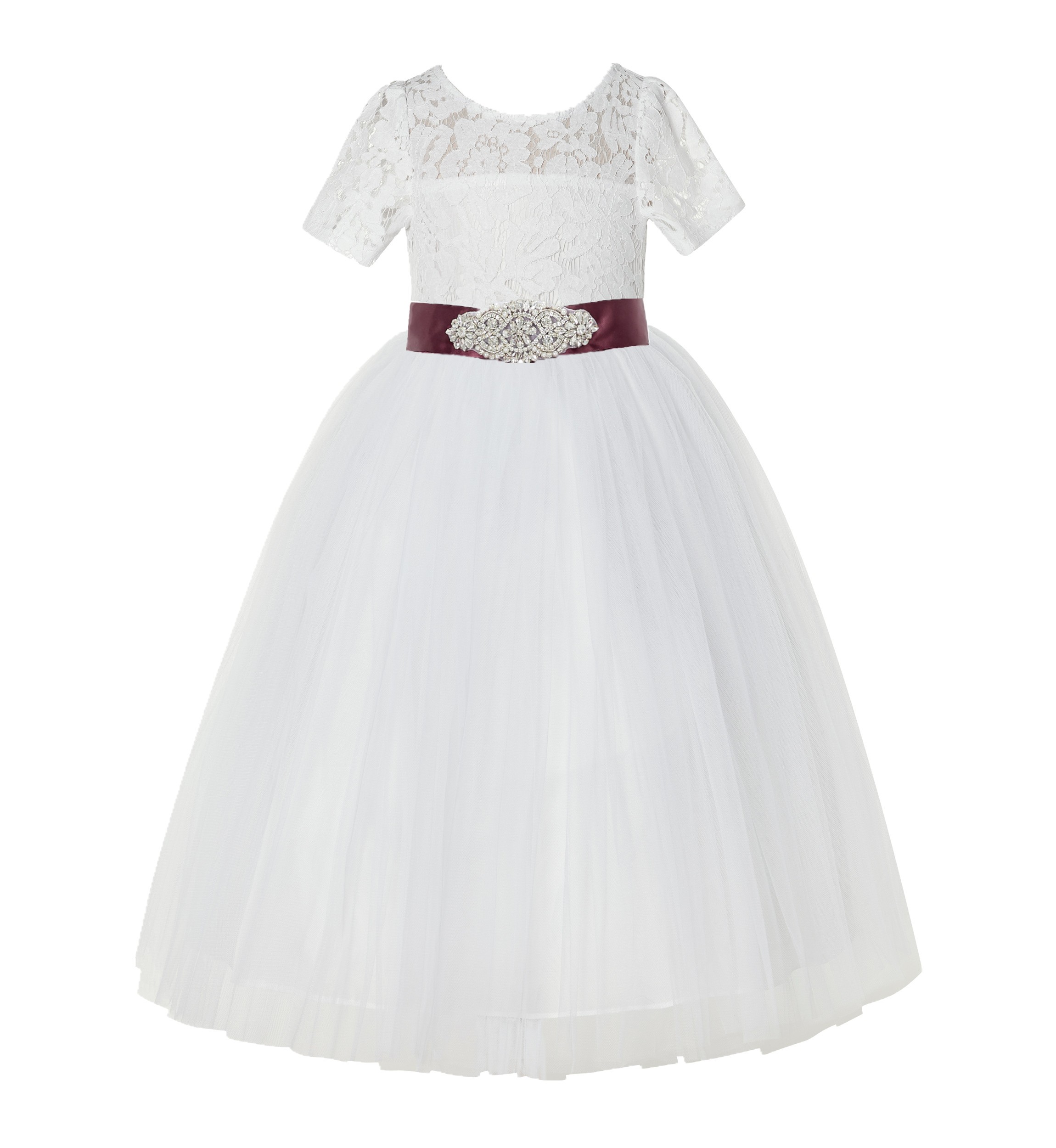 Ivory / Burgundy Floral Lace Flower Girl Dress Pageant Dress LG2