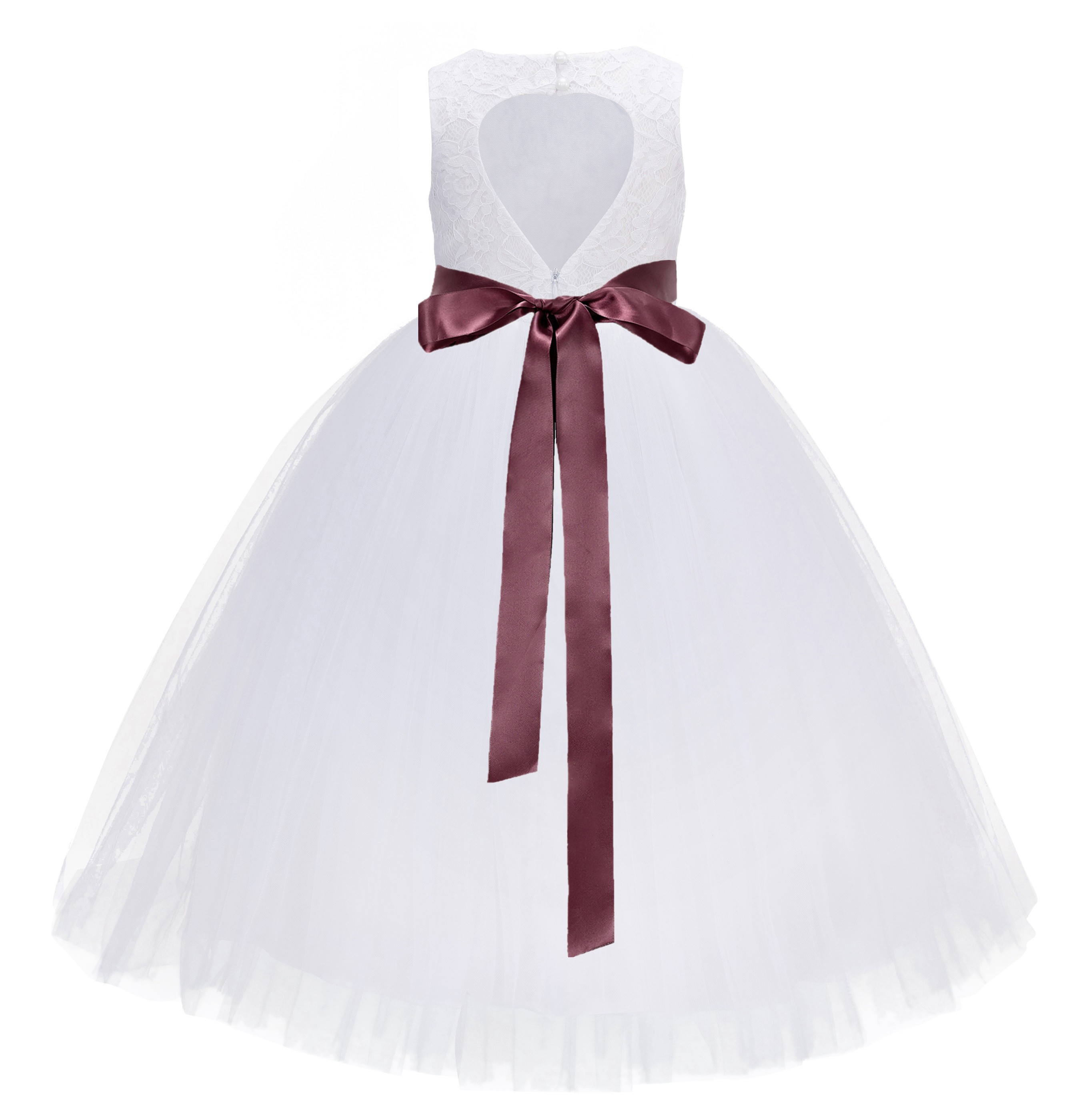 R3 White / Burgundy Floral Lace Heart Cutout Flower Girl Dress 172R3