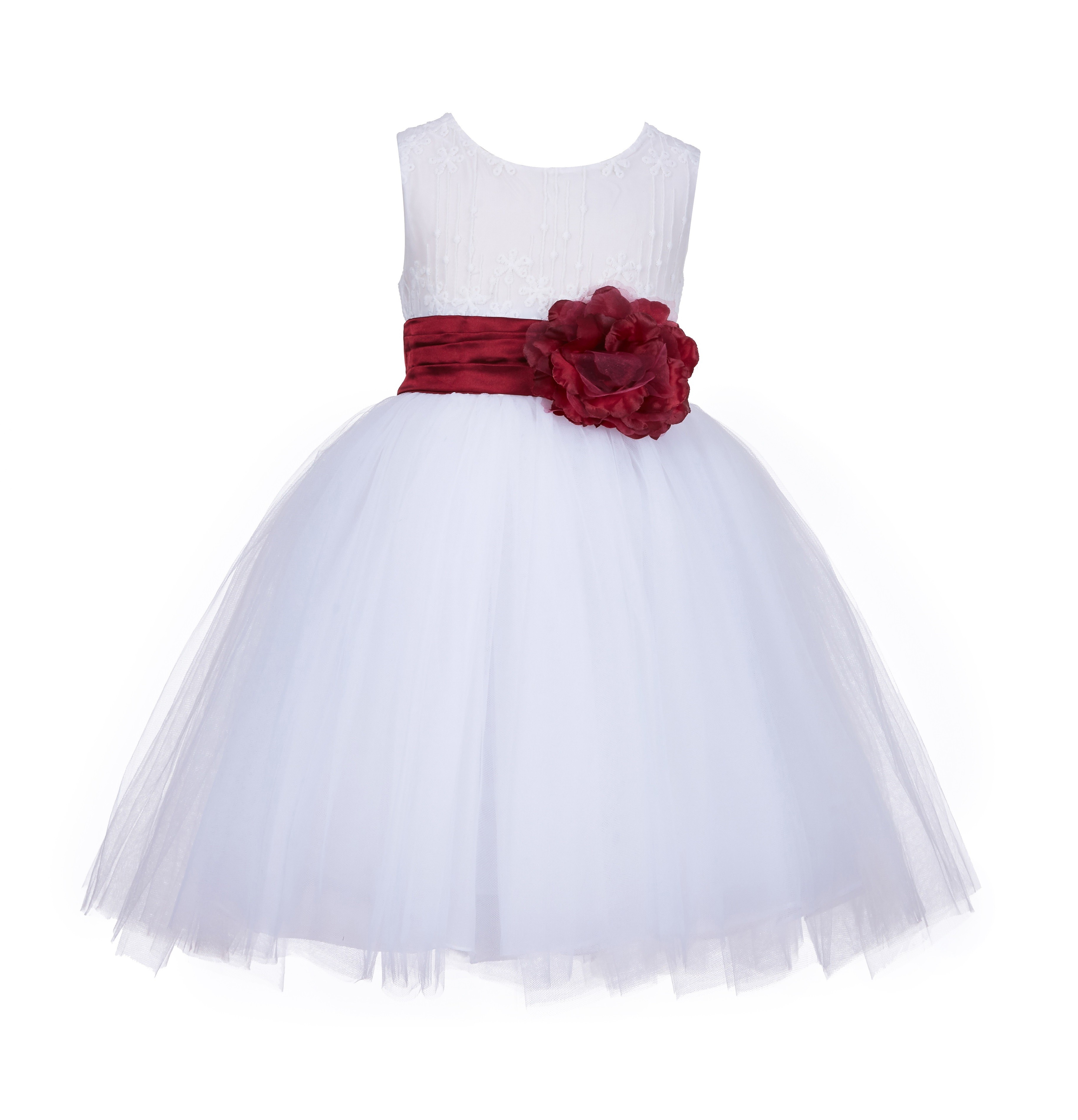 White/Burgundy Lace Embroidery Tulle Flower Girl Dress Wedding 118