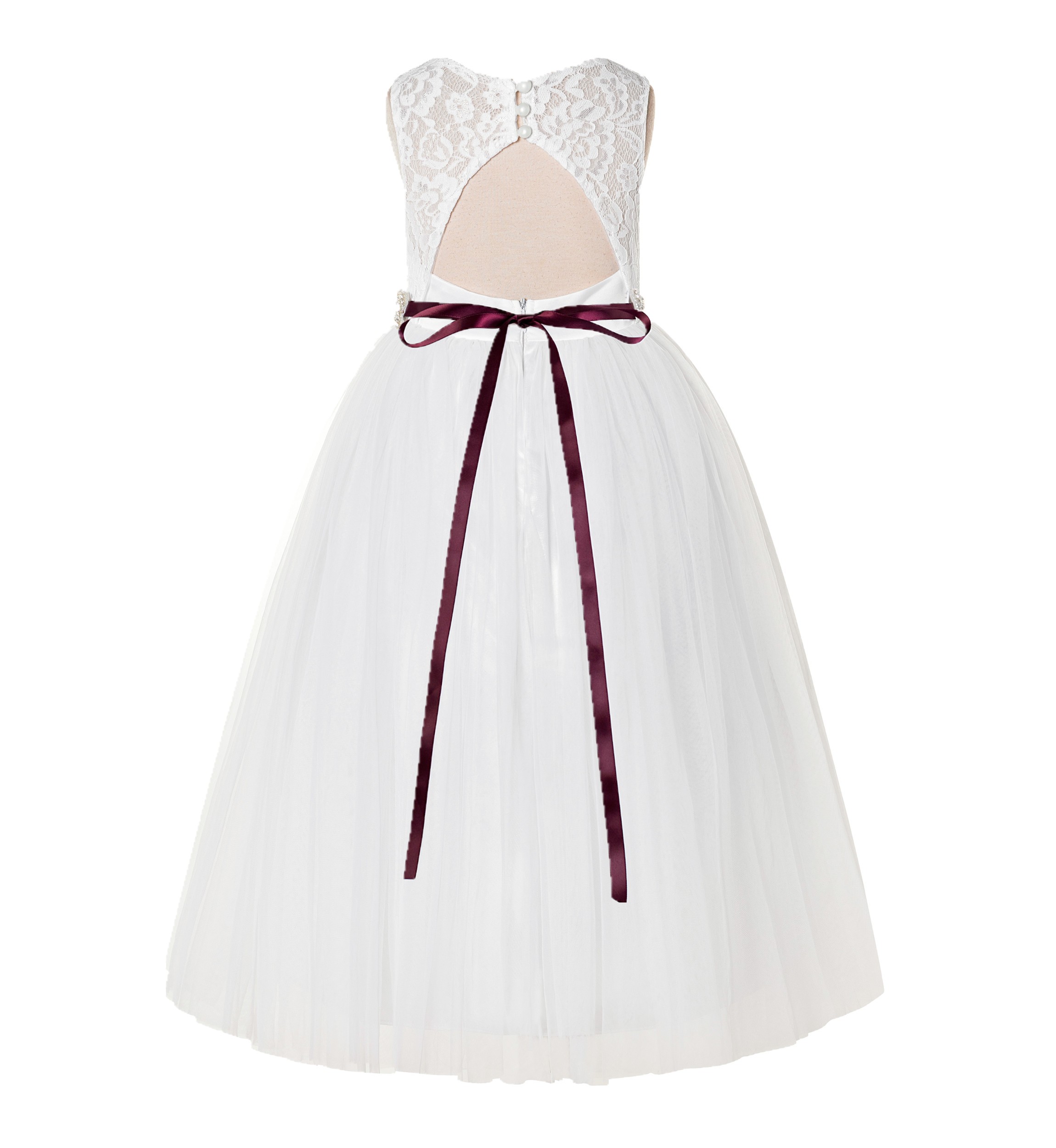 Ivory / Burgundy A-Line Tulle Lace Flower Girl Dress 178R2