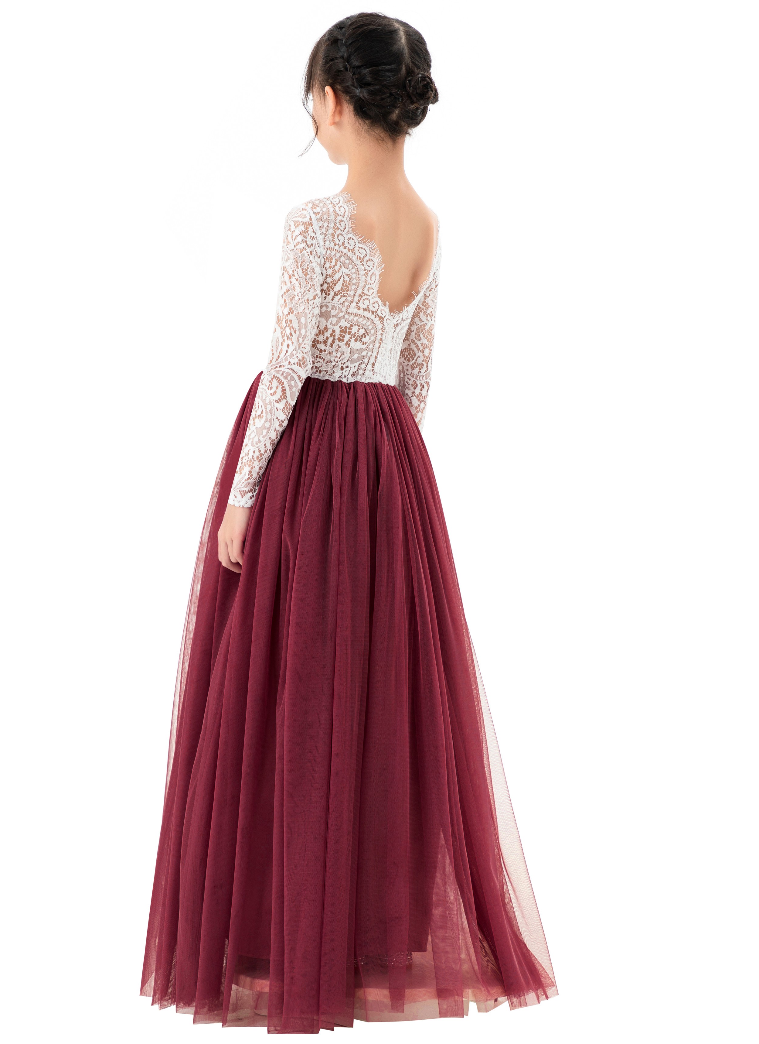 Burgundy Long Sleeve Scalloped Edge Lace Dress Lace1