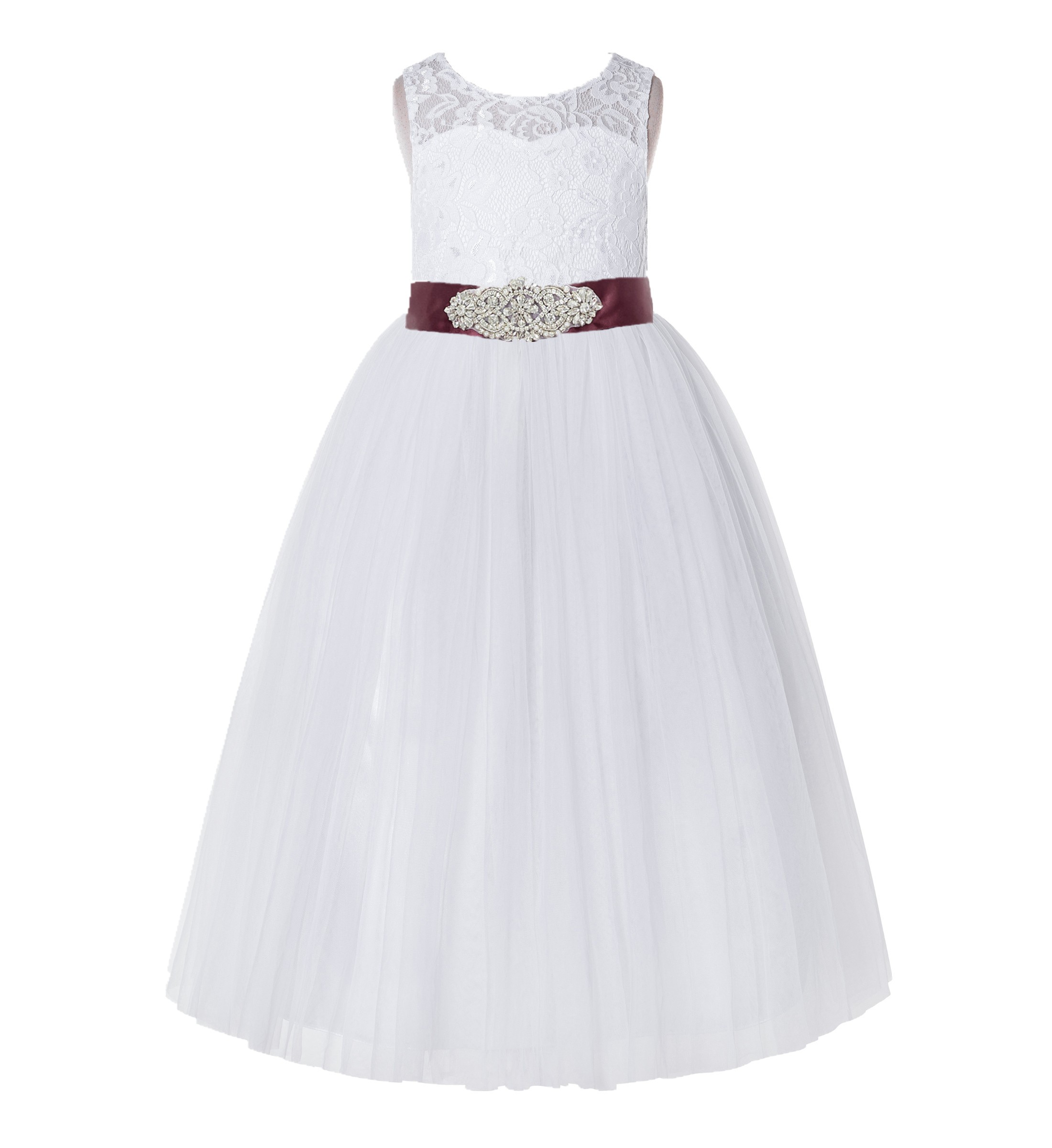 White / Burgundy Tulle A-Line Lace Flower Girl Dress 178R3