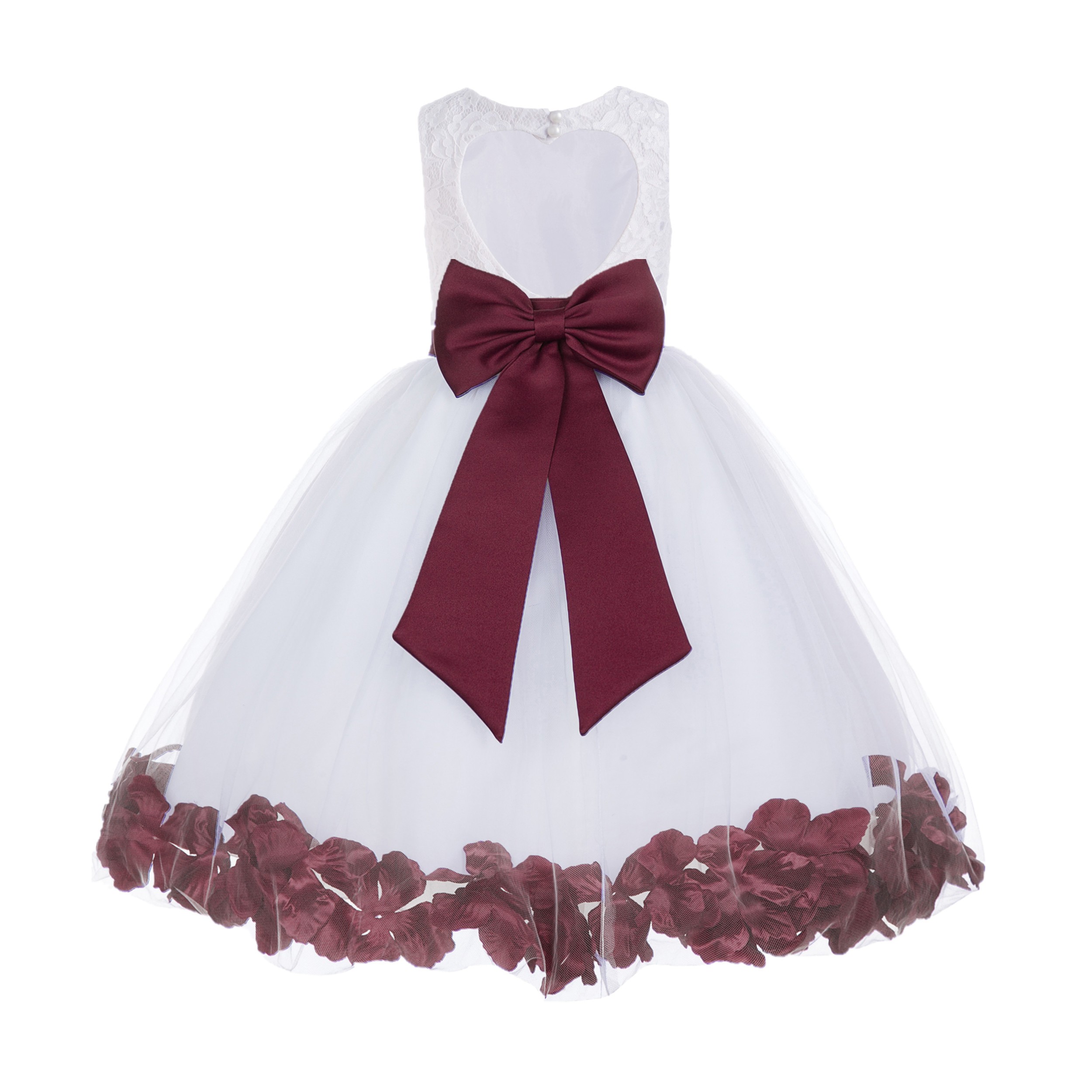 White / Burgundy Floral Lace Heart Cutout Flower Girl Dress with Petals 185T
