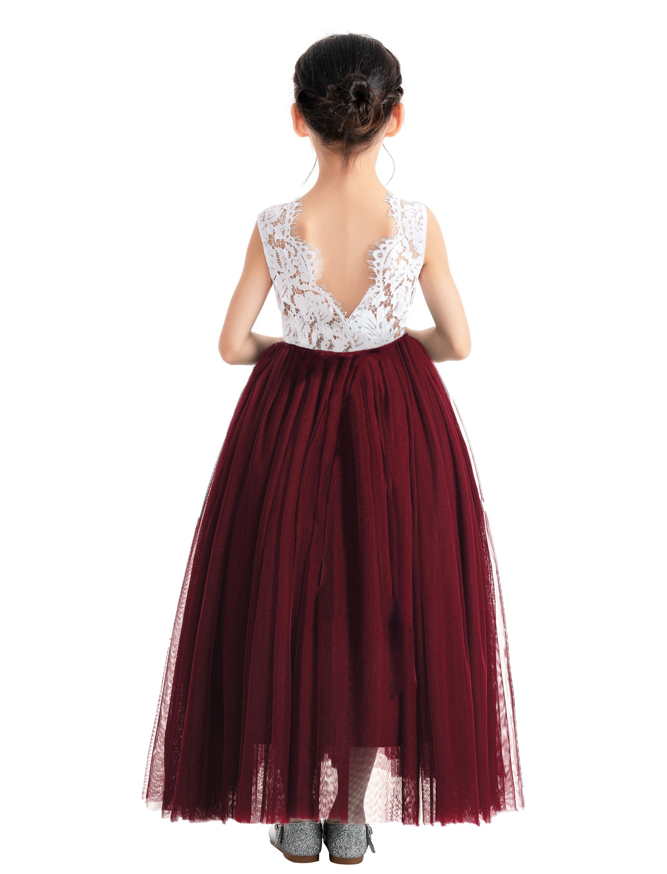 Burgundy Backless V-Back Lace A-Line Flower Girl Dress 207