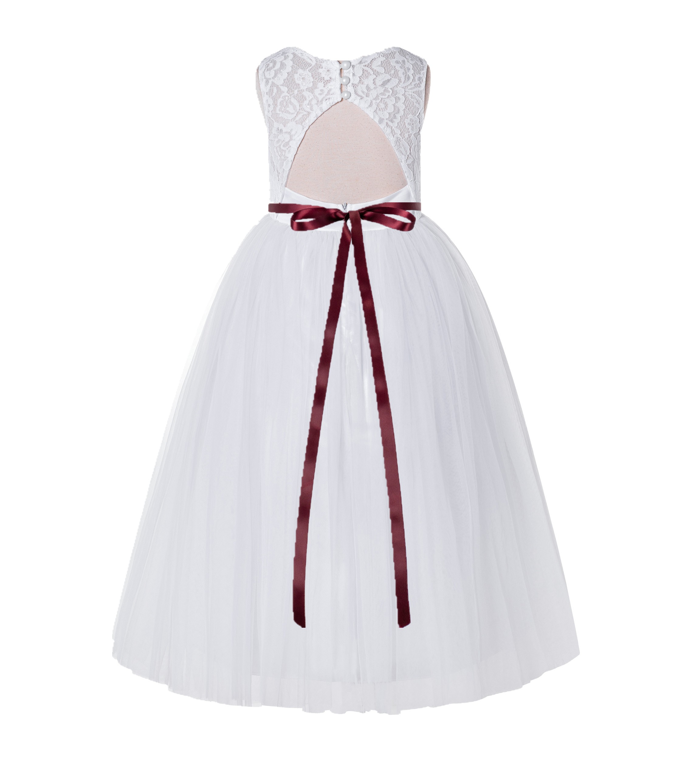 White / Burgundy A-Line Tulle Lace Flower Girl Dress 178R4