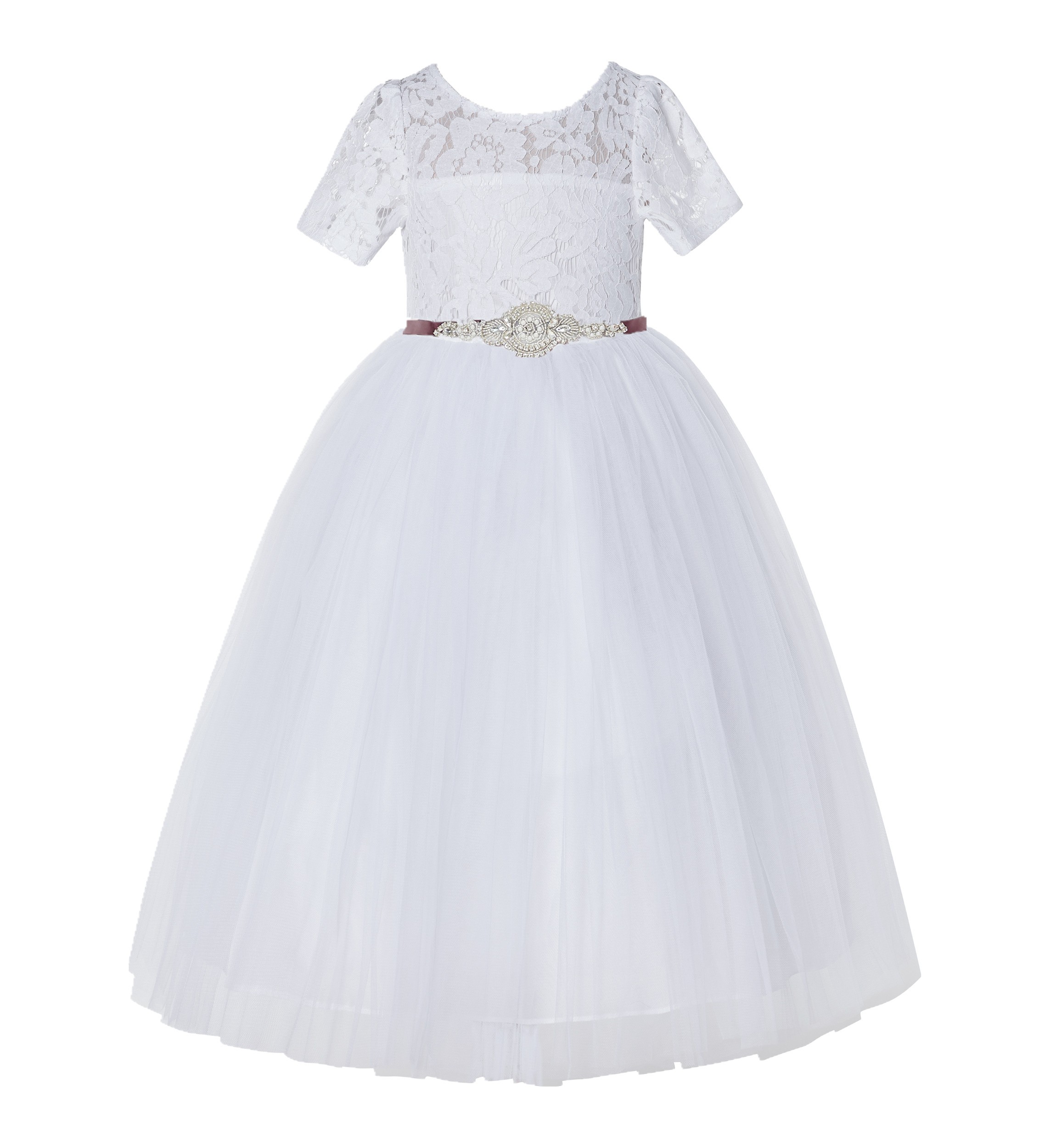White / Burgundy Floral Lace Flower Girl Dress Vintage Dress LG2