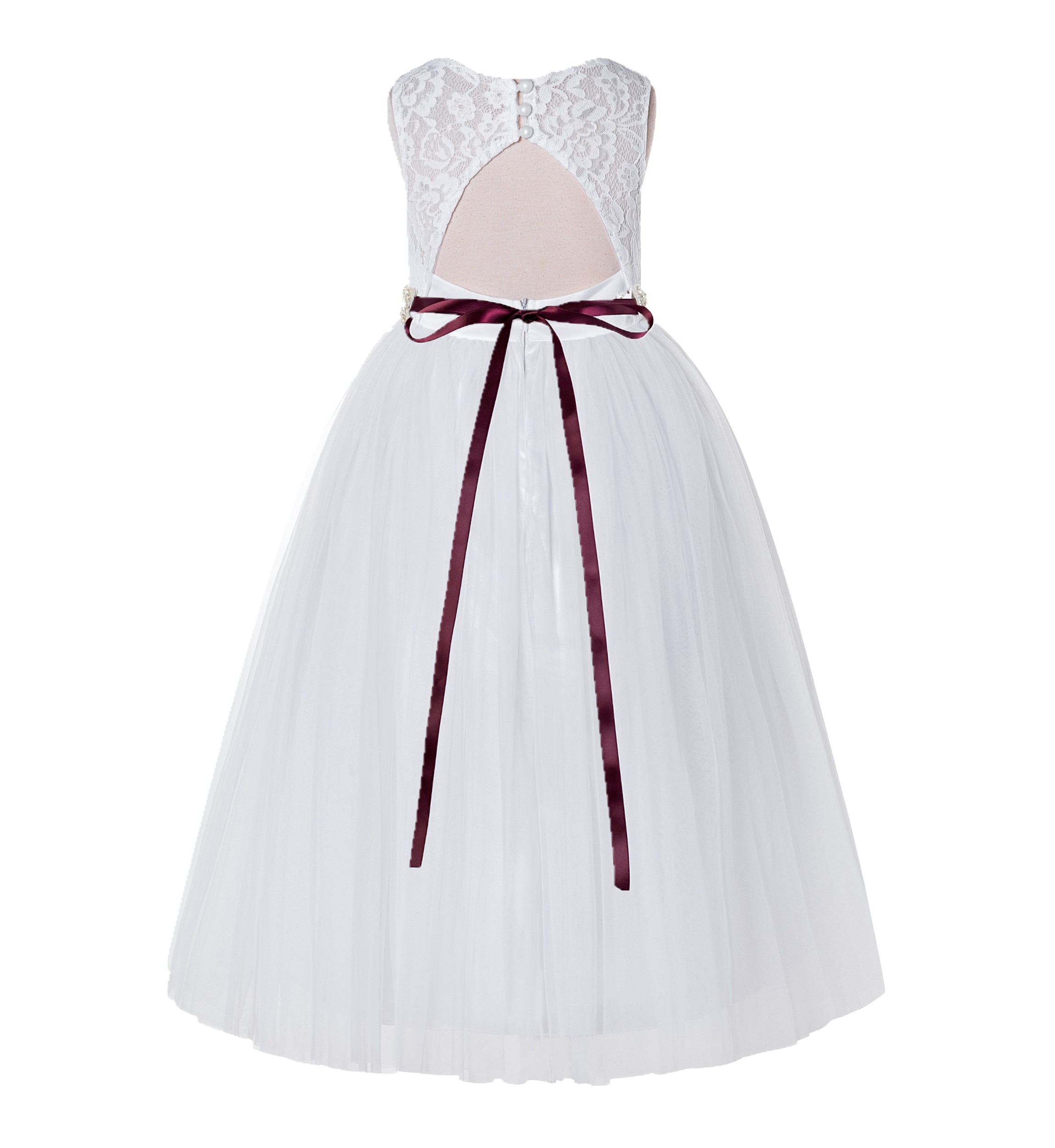 White / Burgundy A-Line Lace Flower Girl Dress 178R2