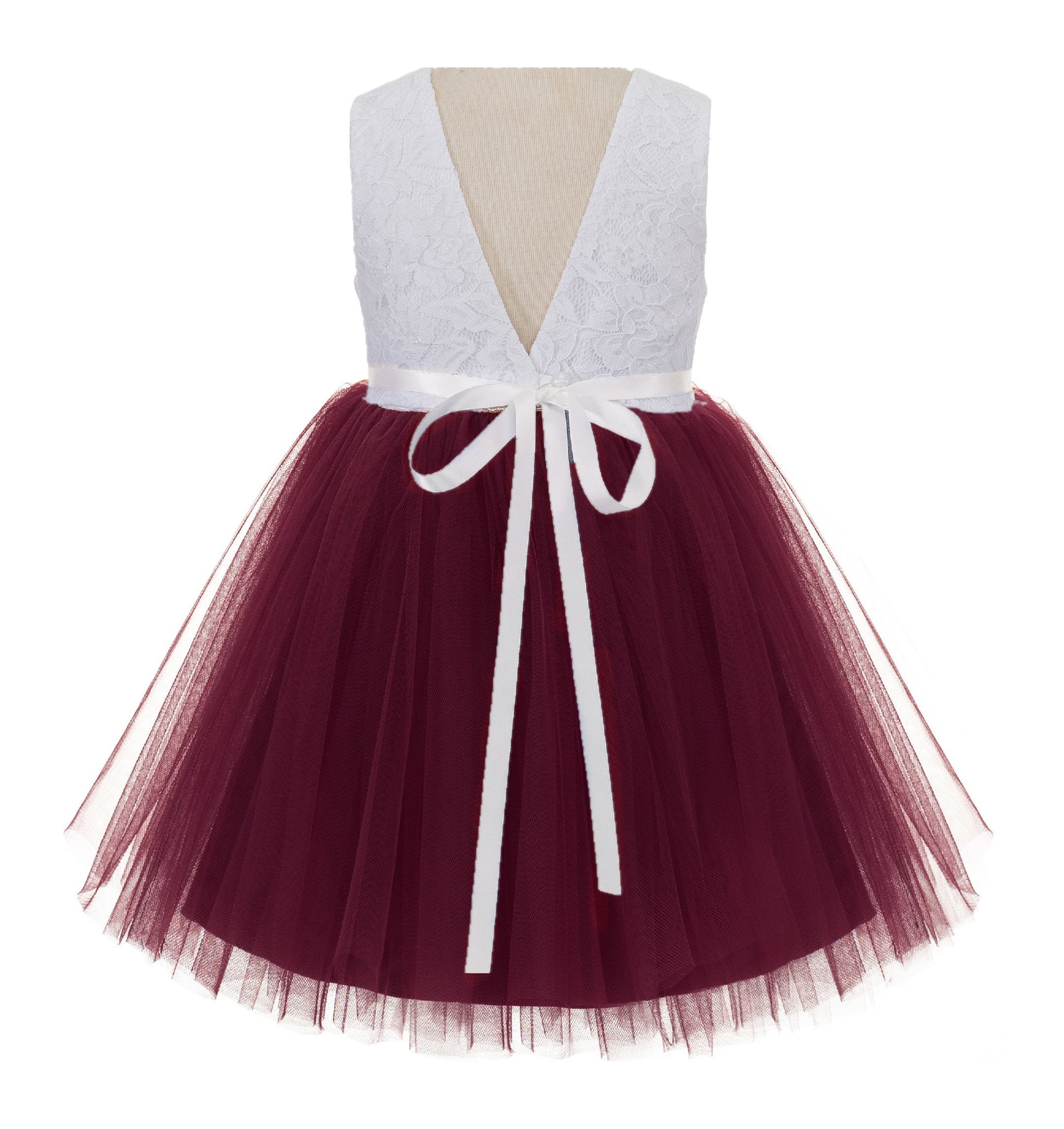Burgundy / Ivory Backless Lace Flower Girl Dress Rhinestone 206R3