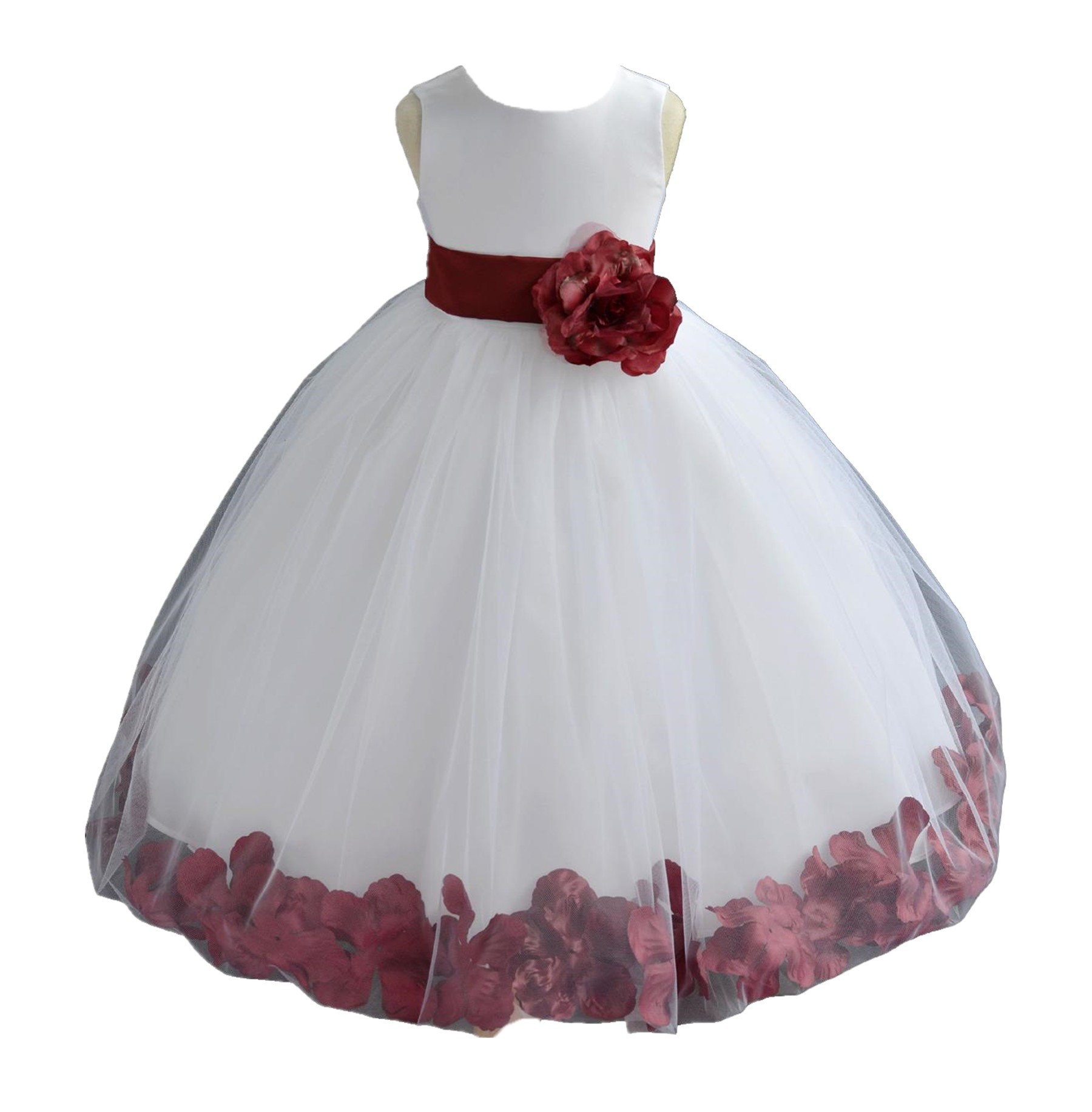 White/Burgundy Tulle Rose Petals Flower Girl Dress Ceremonial 302a