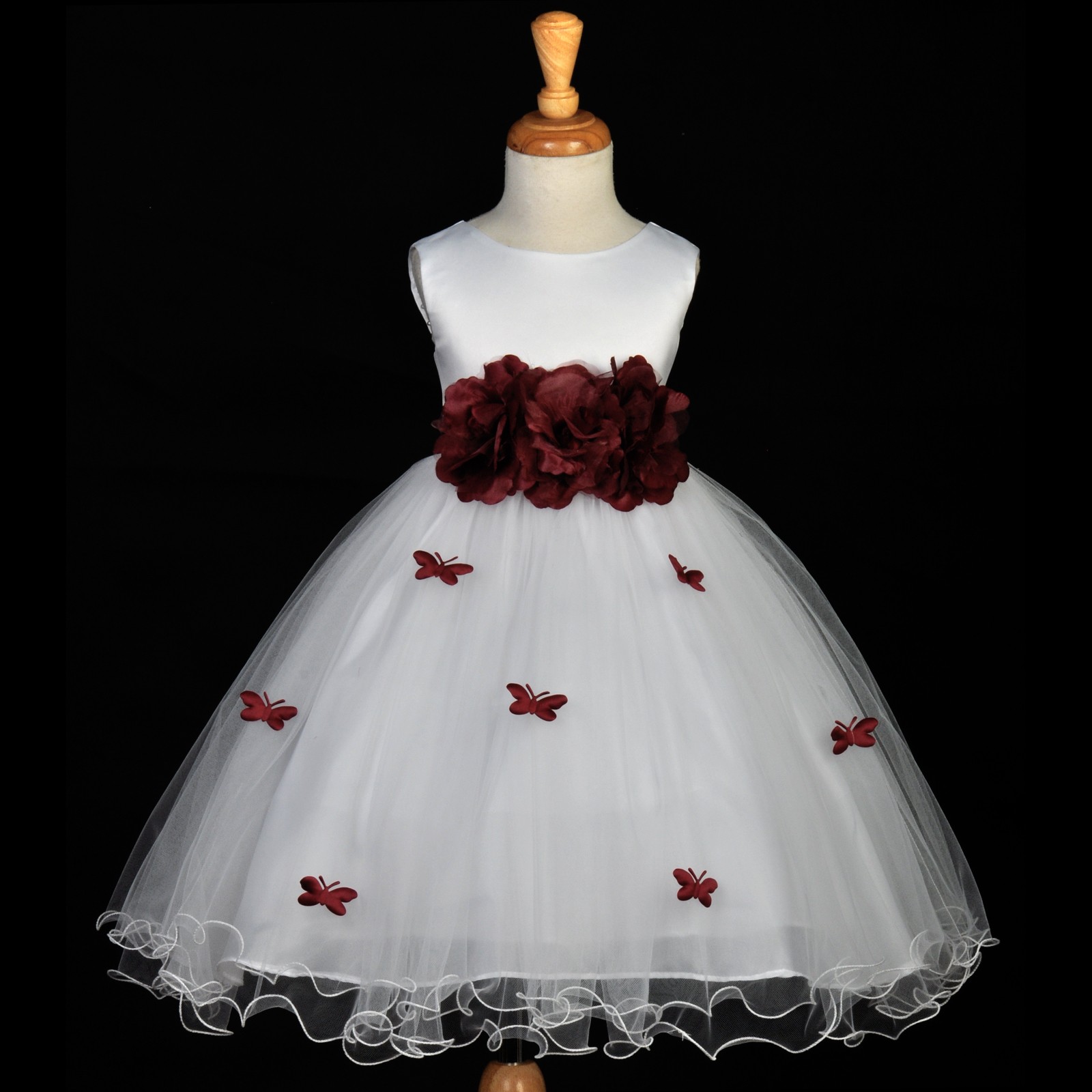 Burgundy Butterflies Tulle Flower Girl Dress 3-Flower Sash 509A
