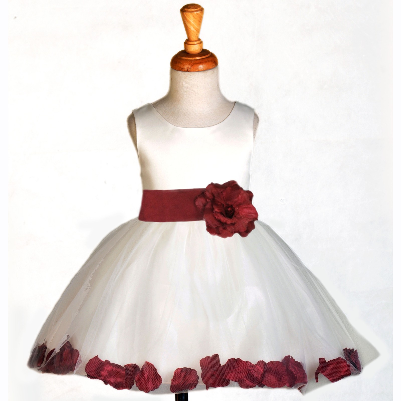Ivory/Burgundy Rose Petals Tulle Flower Girl Dress Pageant 305S