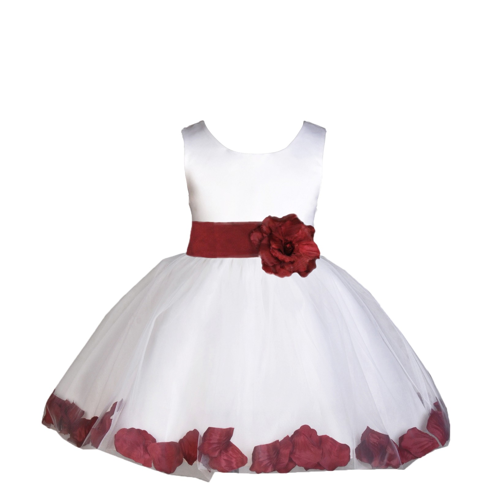 White/Burgundy Rose Petals Tulle Flower Girl Dress Wedding 305S