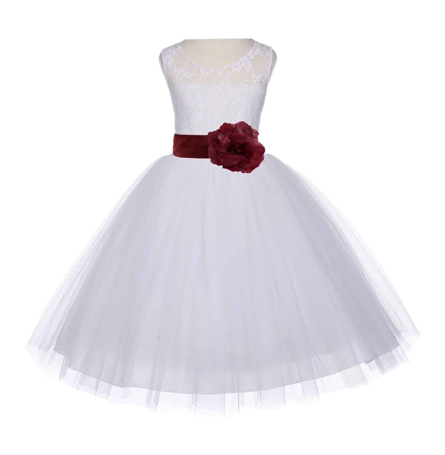Ivory/Burgundy Floral Lace Bodice Tulle Flower Girl Dress Bridesmaid 153S