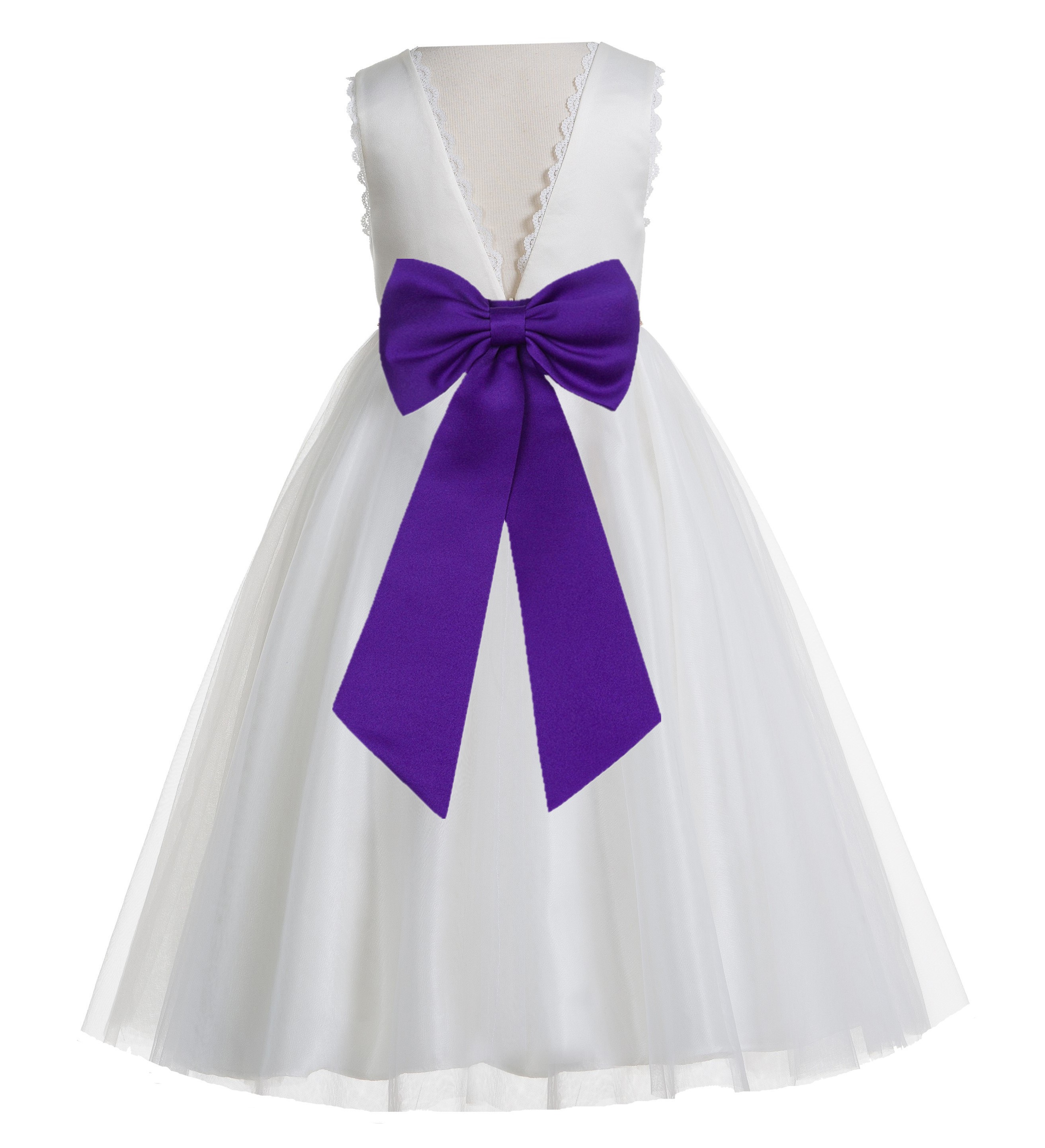Ivory / Regency Purple V-Back Lace Edge Flower Girl Dress 183T