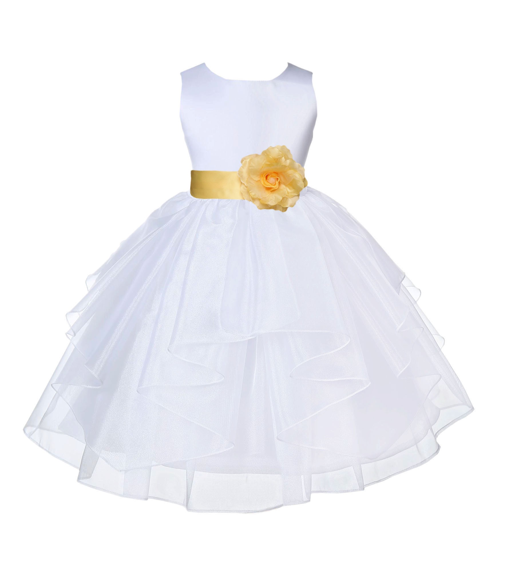 White/Canary Satin Shimmering Organza Flower Girl Dress Wedding 4613T