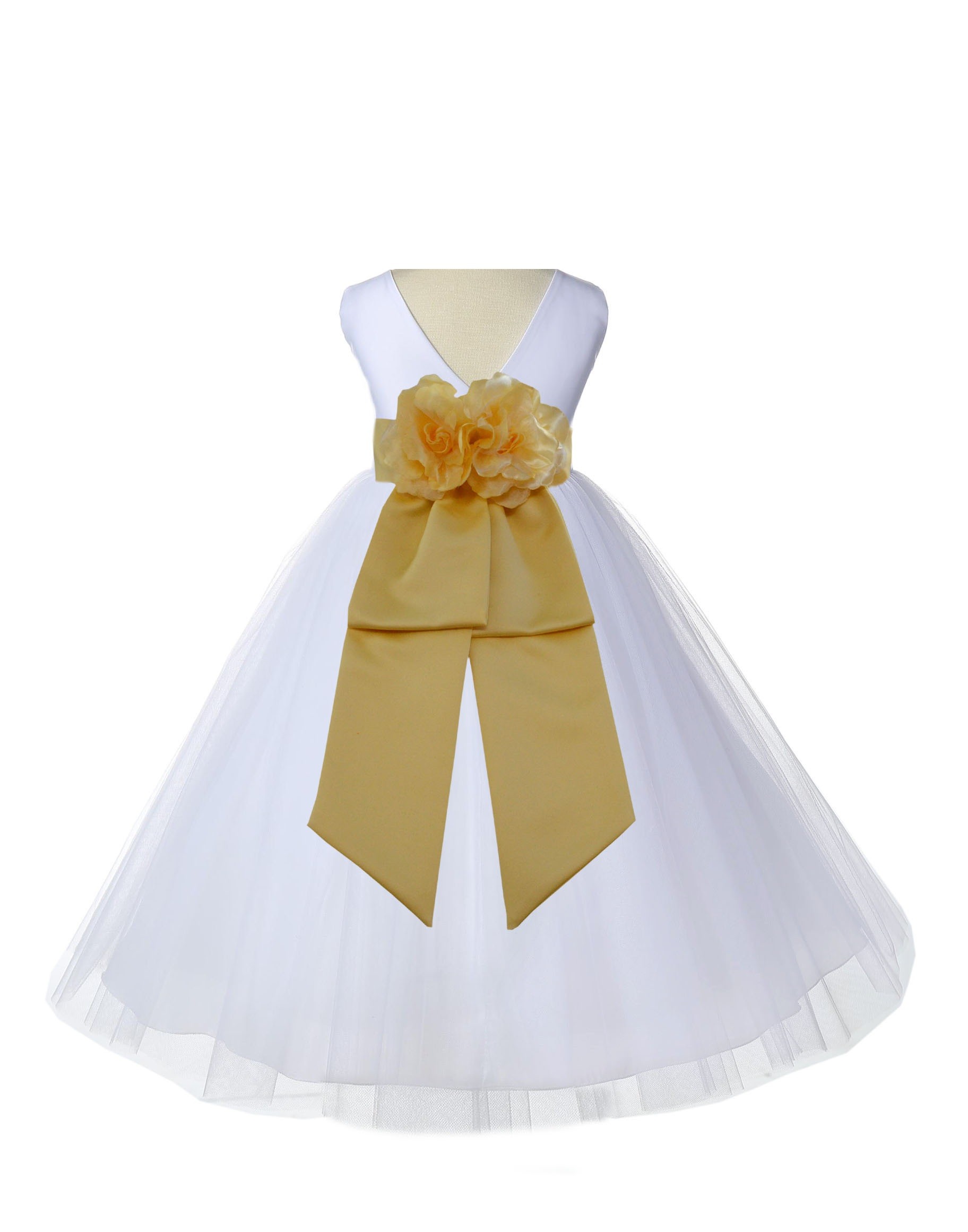 V-Neck Tulle White/Canary Flower Girl Dress Wedding Pageant 108