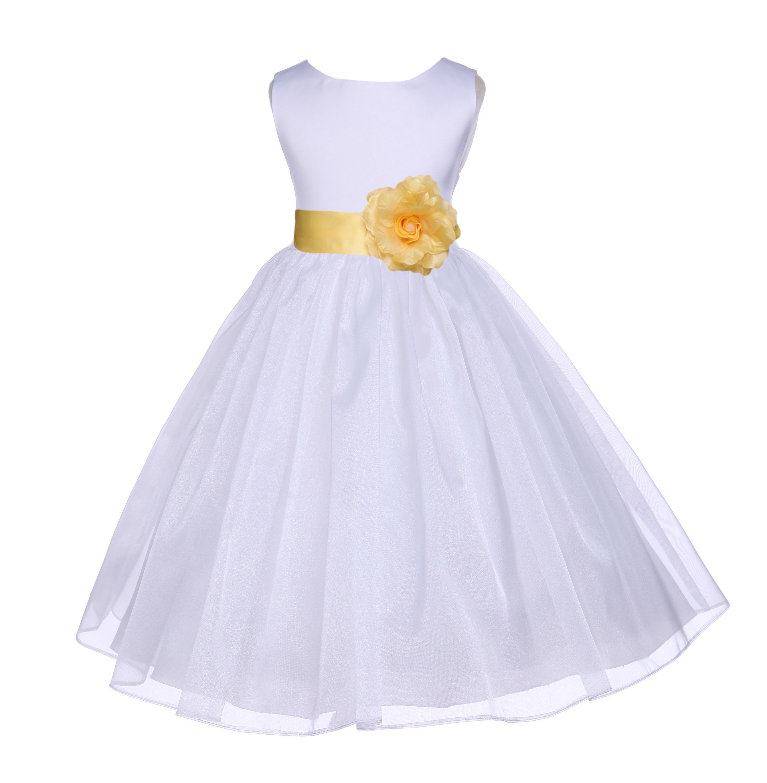 White/Canary Satin Bodice Organza Skirt Flower Girl Dress 841S