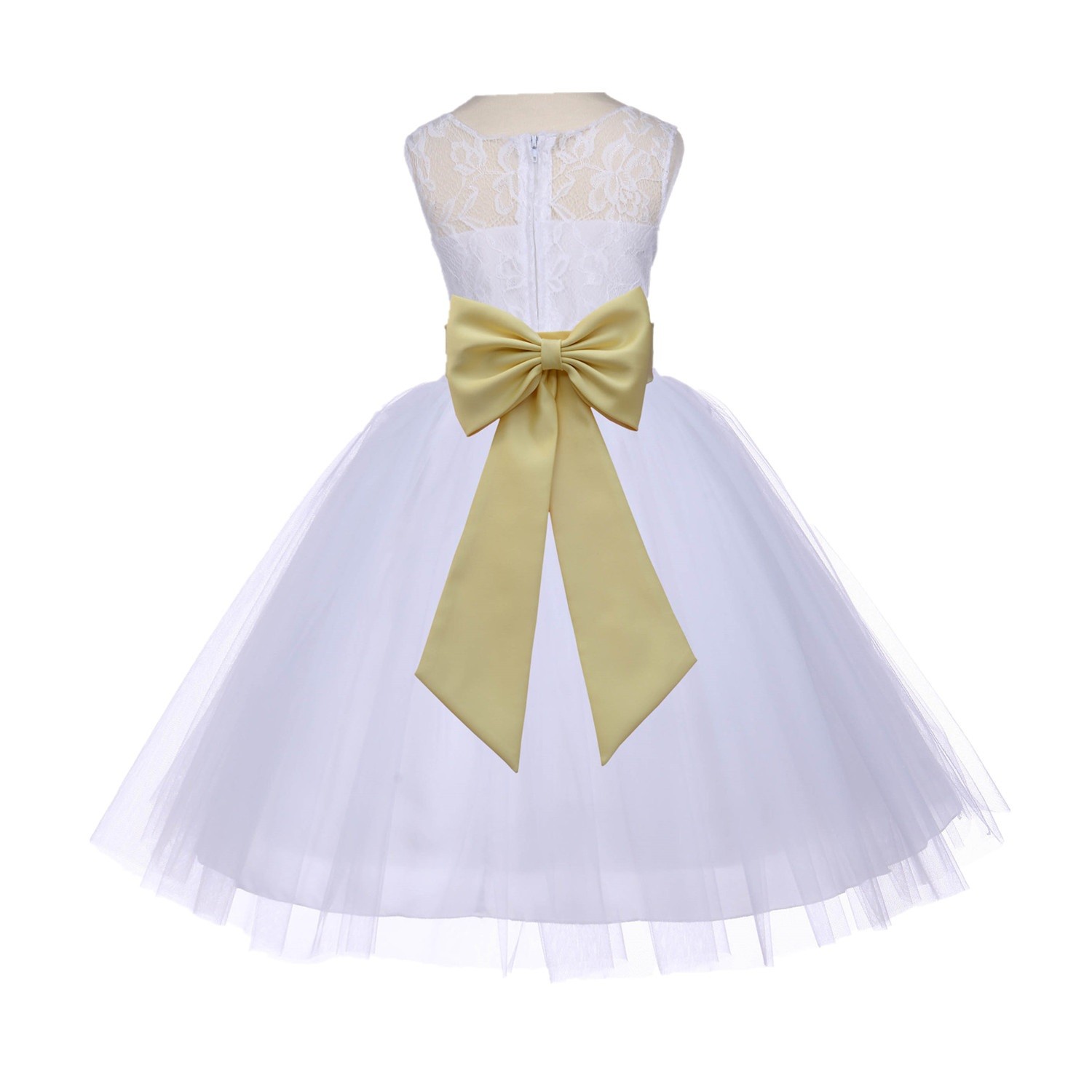 White/Canary Floral Lace Bodice Tulle Flower Girl Dress Wedding 153T