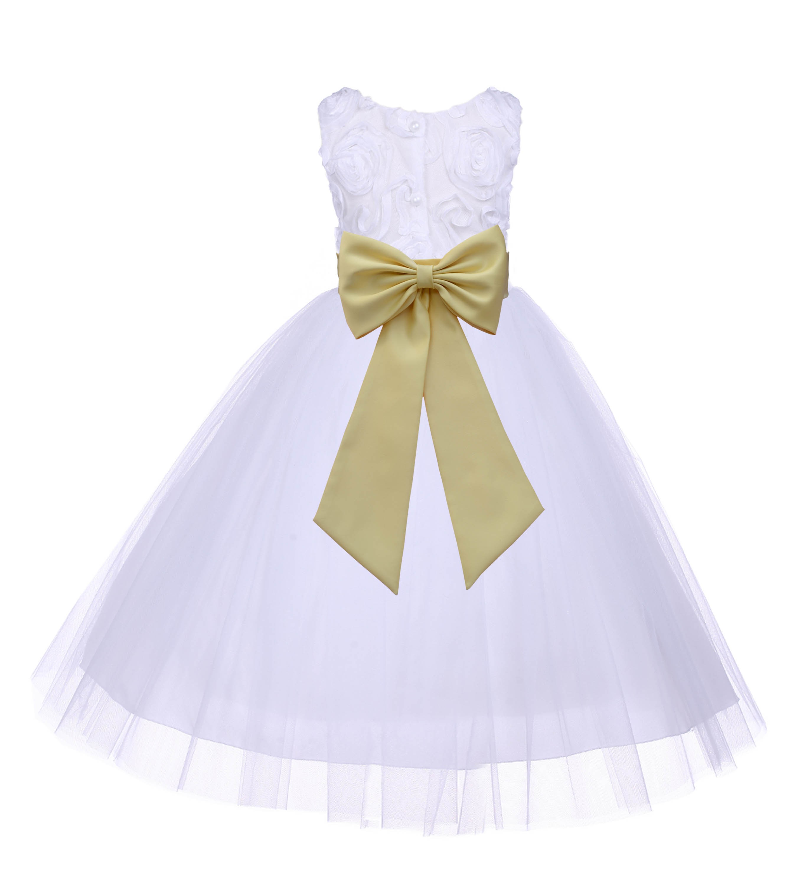 White/Canary Tulle 3D Floral Rose Flower Girl Dress Pageant 152T