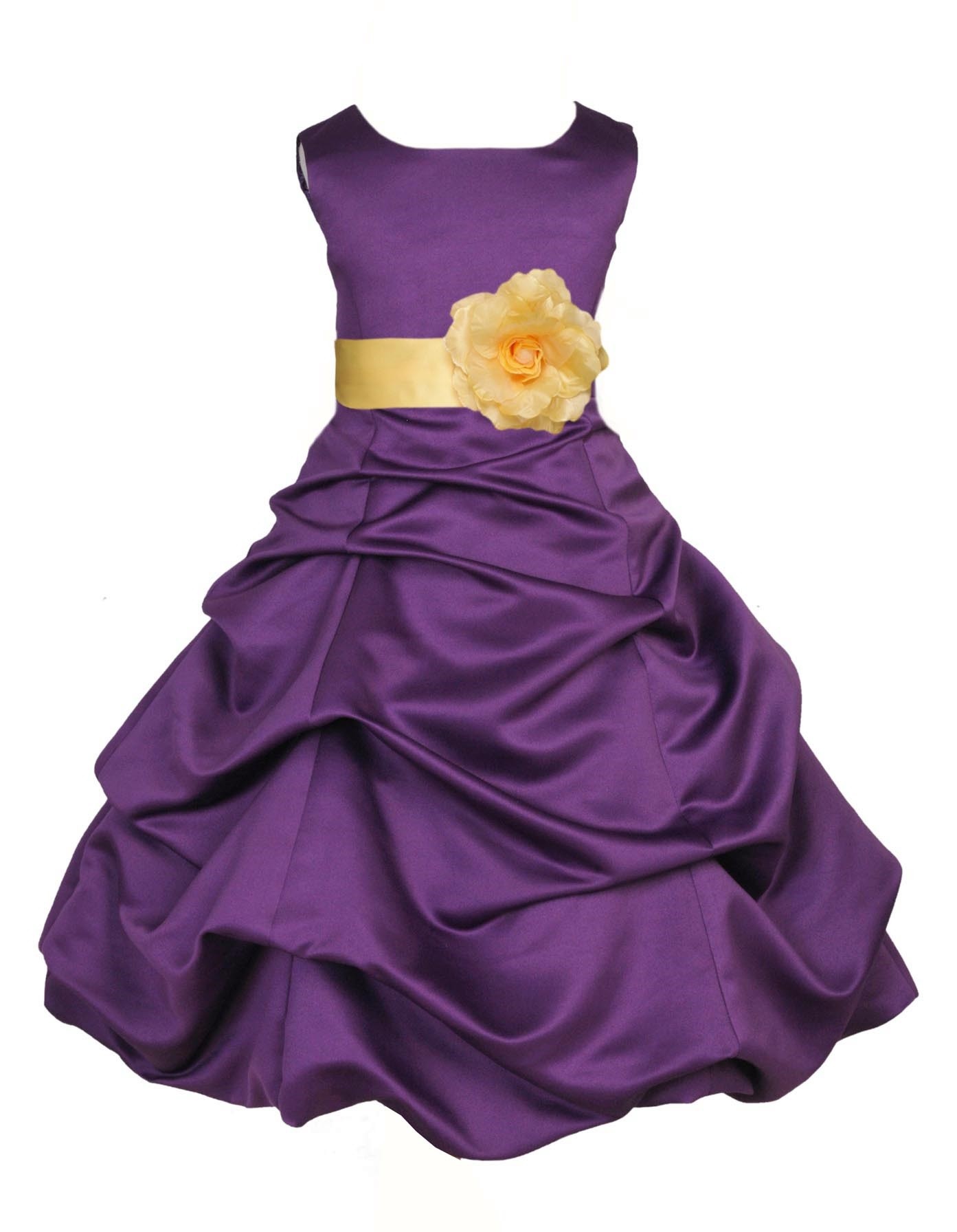 Purple/Canary Satin Pick-Up Bubble Flower Girl Dress Easter 808T
