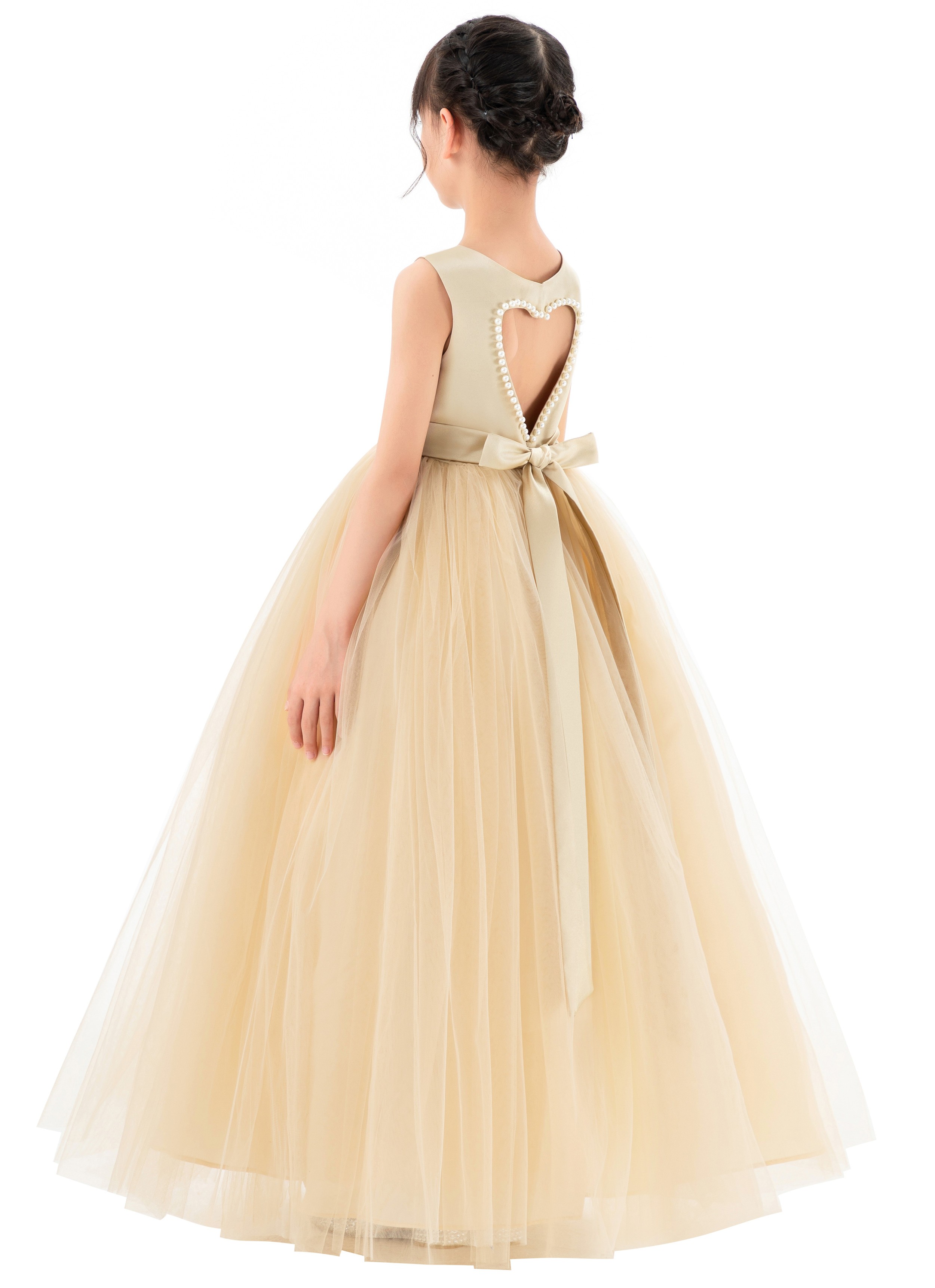 Champagne Satin Heart Cutout Flower Girl Dress with Pearl Beaded Trim P250