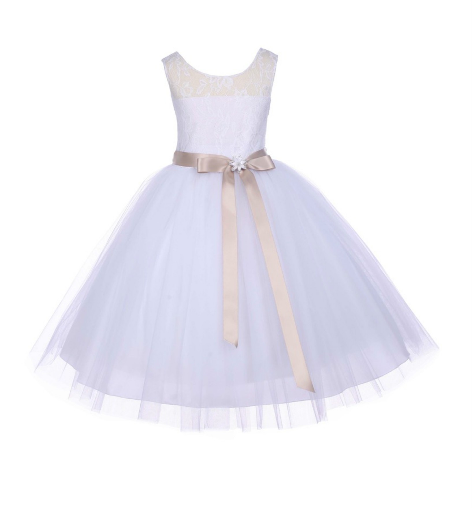White Floral Lace Bodice Tulle Champagne Ribbon Flower Girl Dress 153R