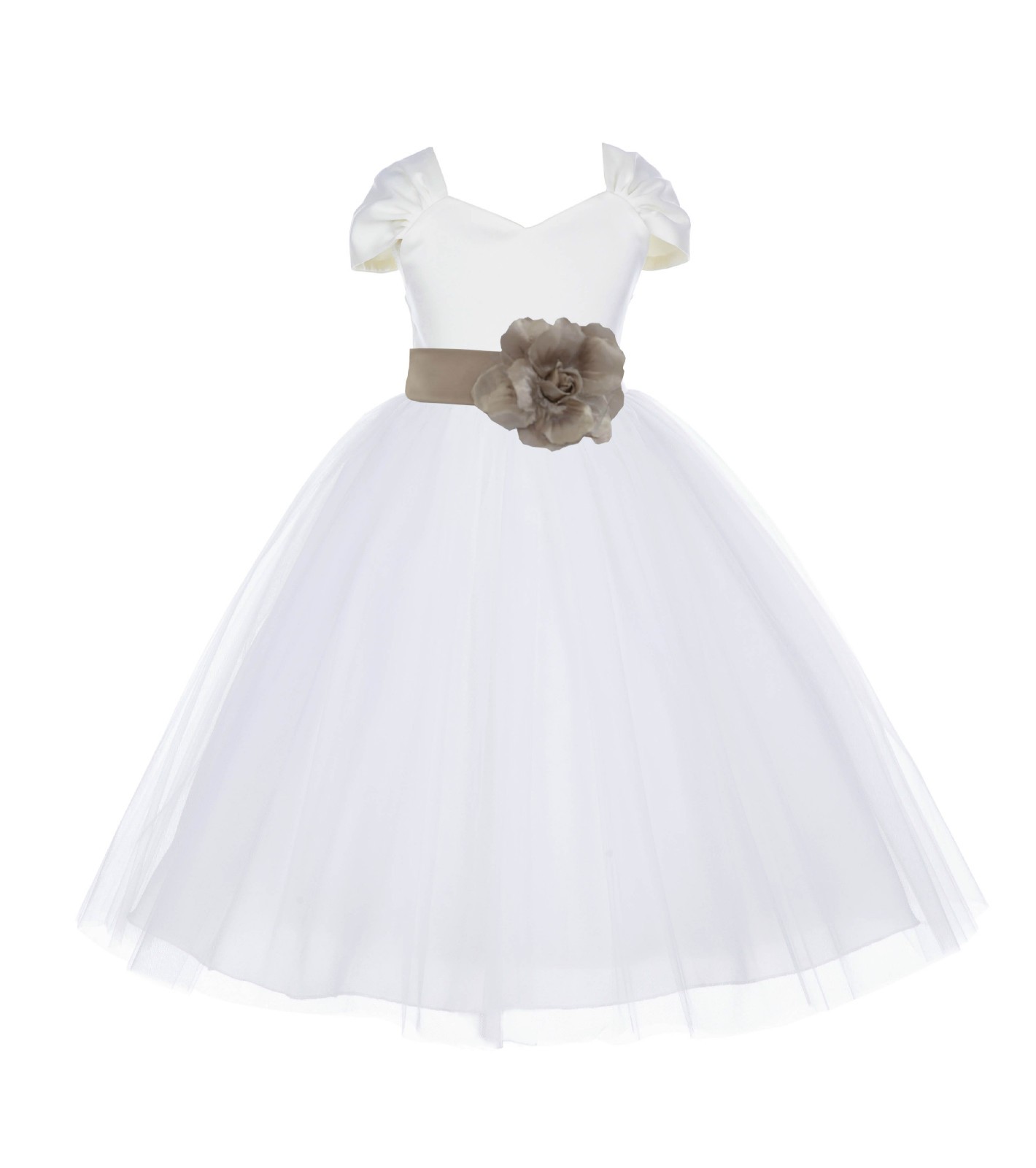 Ivory/Champagne V-shaped Neckline Short Sleeves Tulle Flower Girl Dress 154S