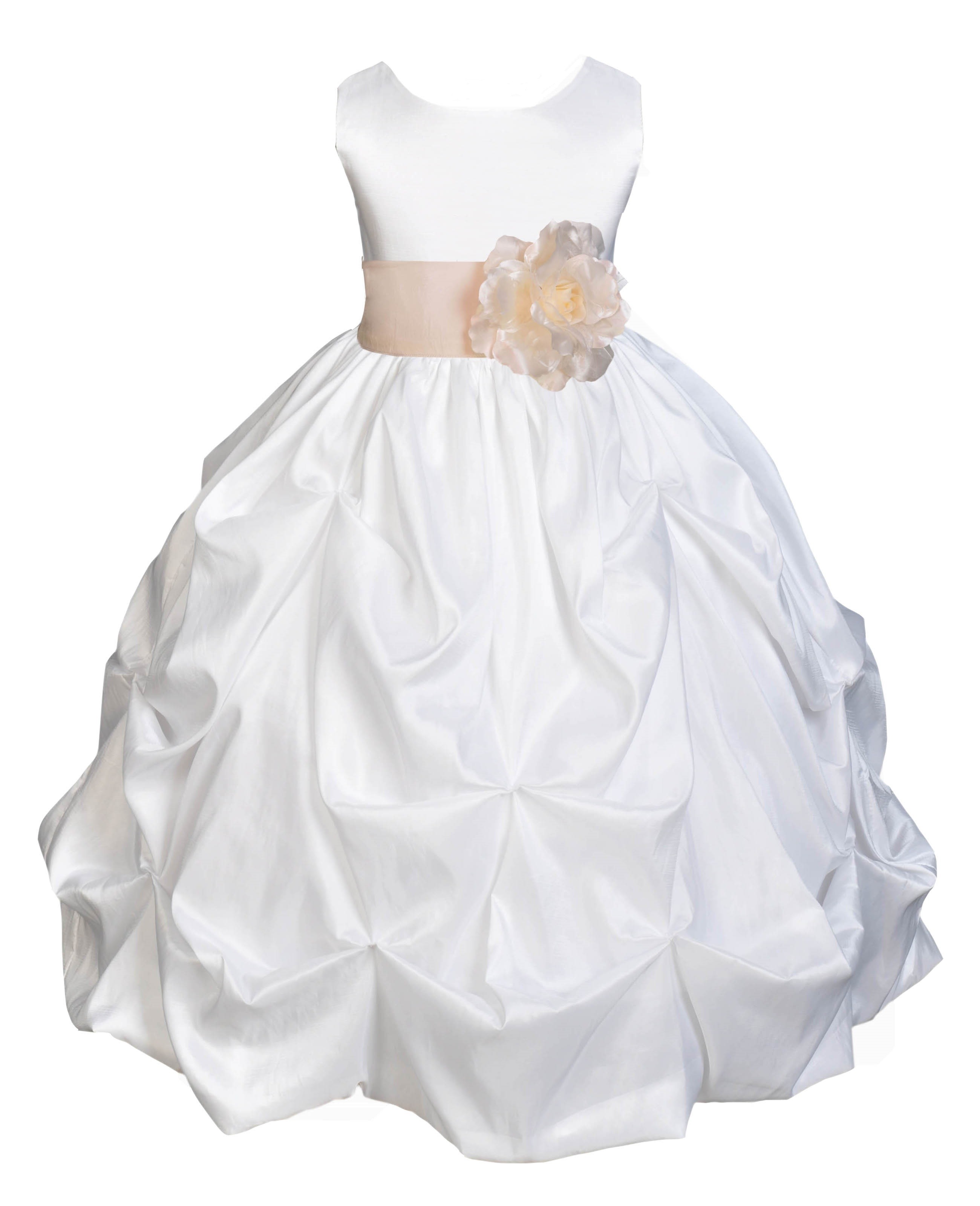 White/Champagne Satin Taffeta Pick-Up Bubble Flower Girl Dress 301S