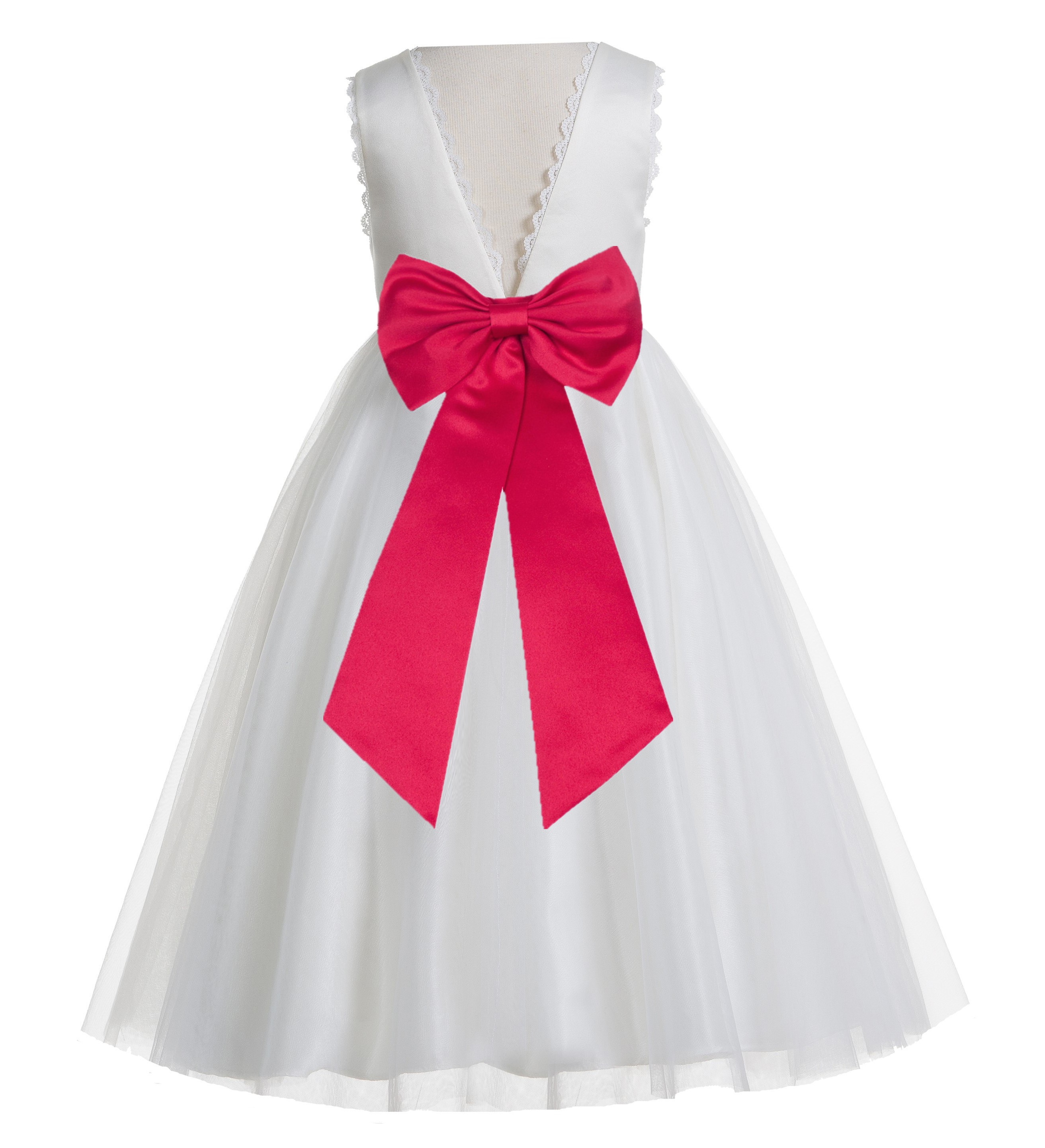 Ivory / Cherry Red V-Back Lace Edge Flower Girl Dress 183T