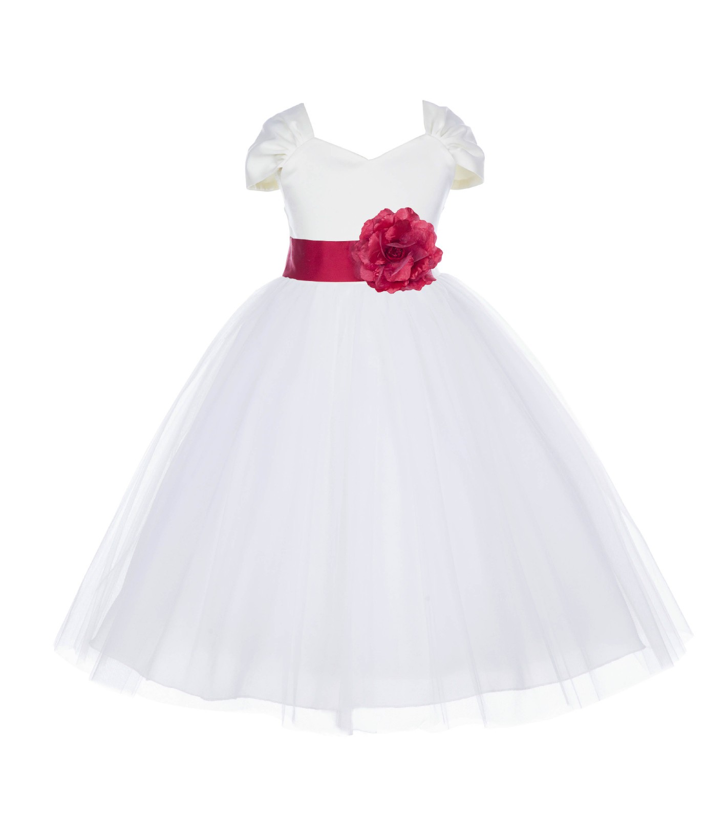 Ivory/Cherry V-shaped Neckline Short Sleeves Tulle Flower Girl Dress 154S