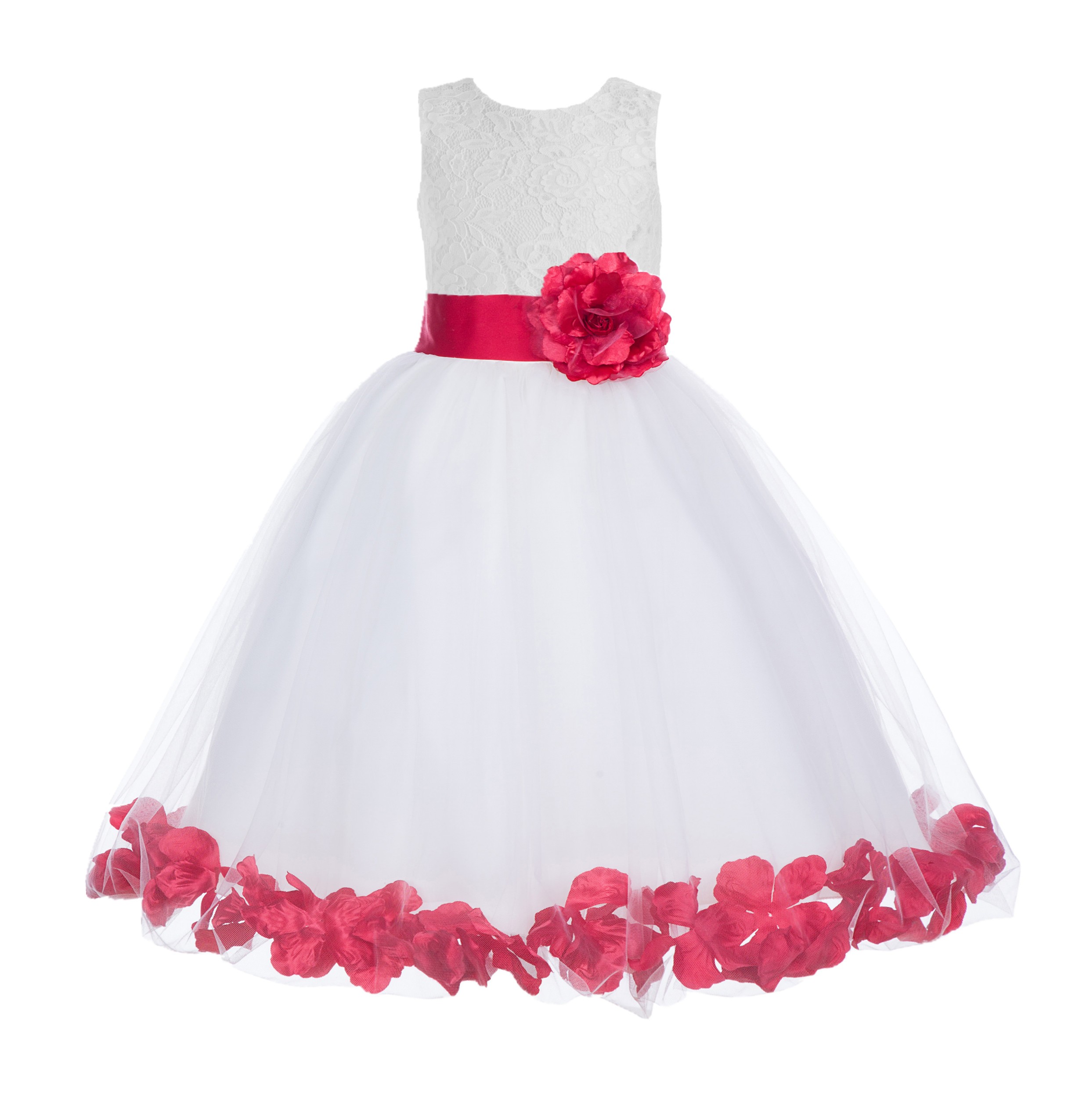 White / Cherry Red Floral Lace Heart Cutout Flower Girl Dress with Petals 185T